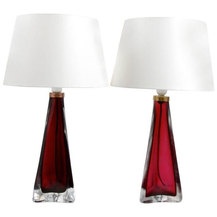 Pair of Large Triangular Glass Lamps by Carl Fagerlund Orrefors Sweden