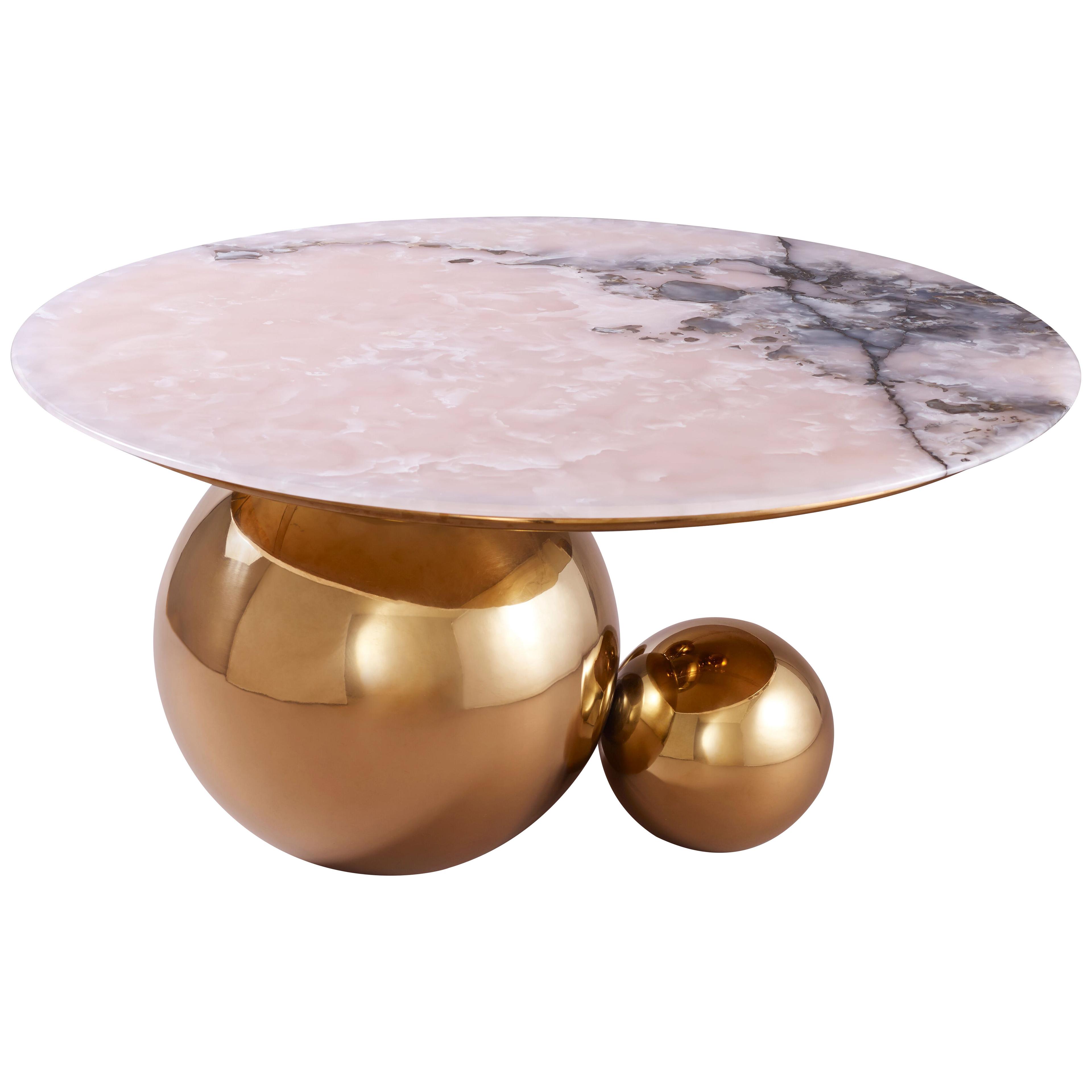 'JinShi' Coffee Table Featuring Pink Jade with a Rose-Gold Brass Tone Base 