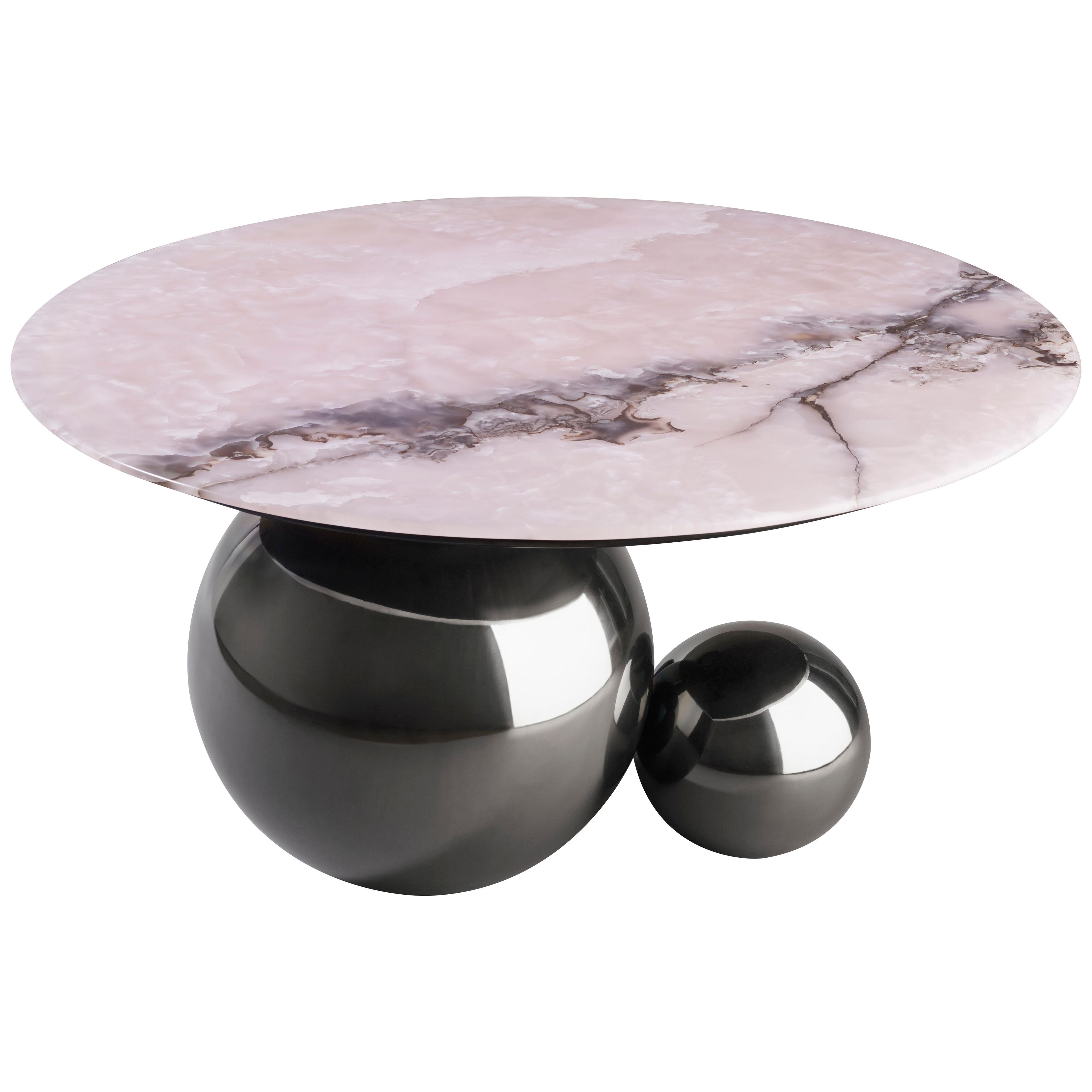 'JinShi' Coffee Table Featuring Pink Jade with a Gunmetal Grey Tinted Base 