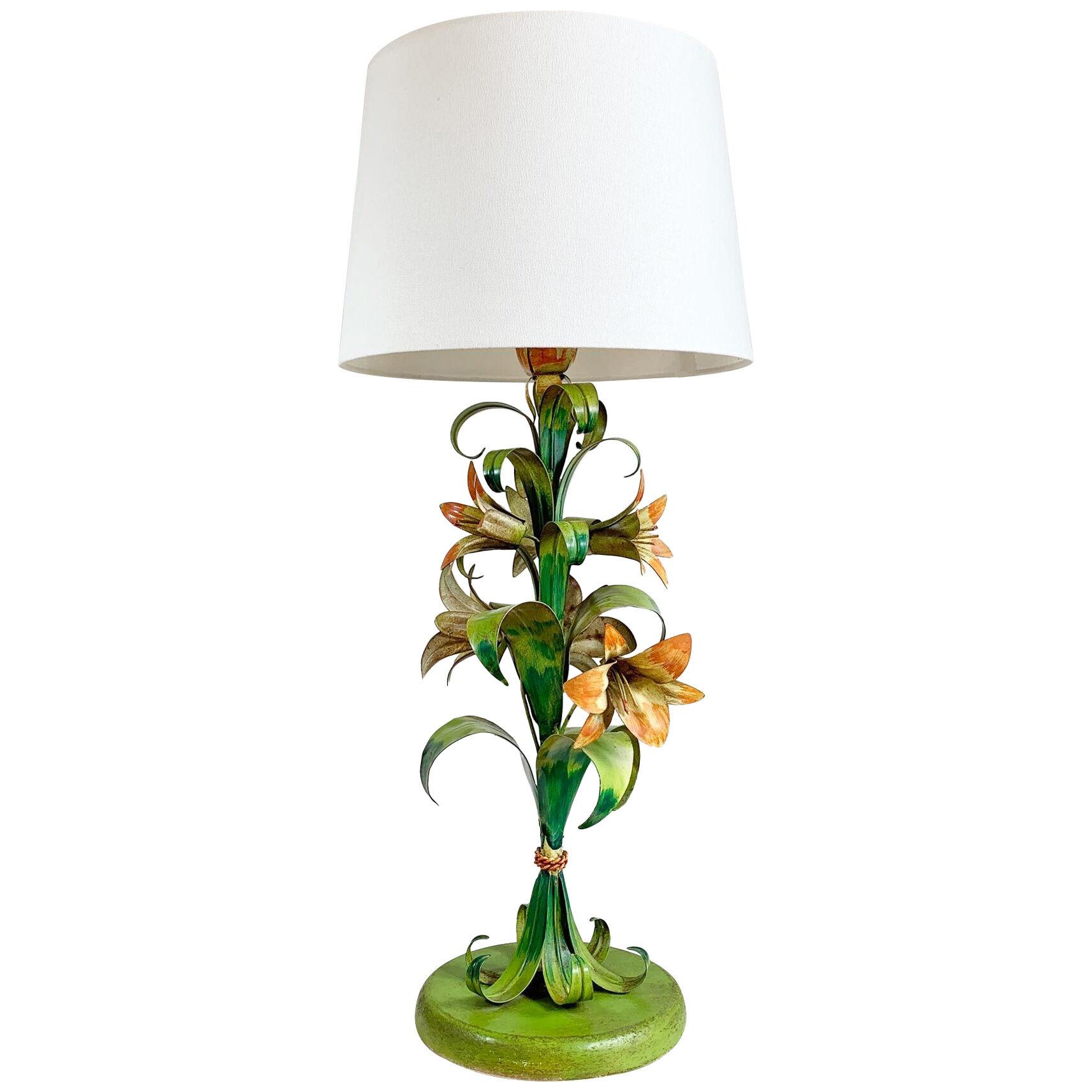 Italian Hand Painted Toleware Flower Table Lamp