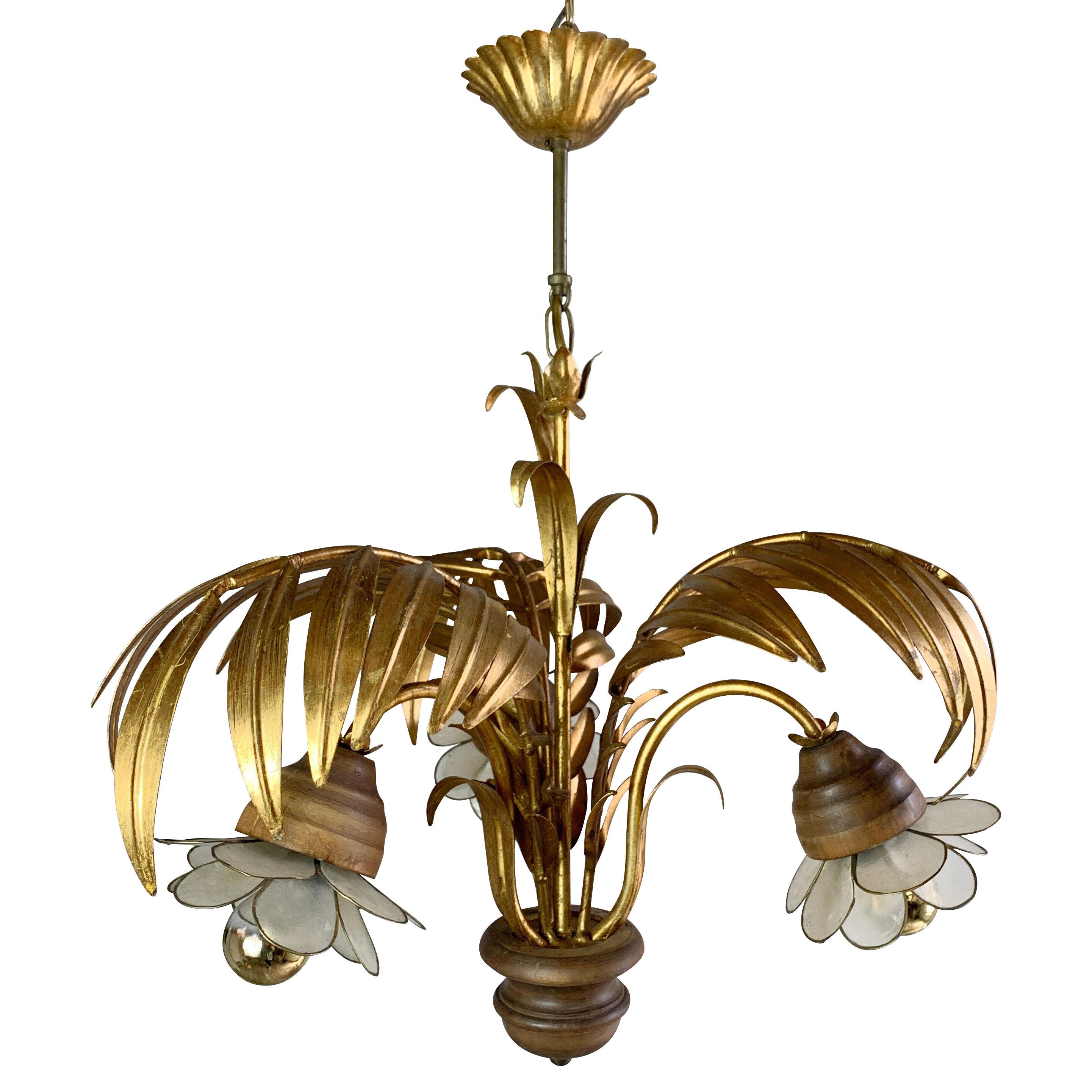  Hans Kogl Palm Leaf Chandelier with Capiz Shell Lamp Shades
