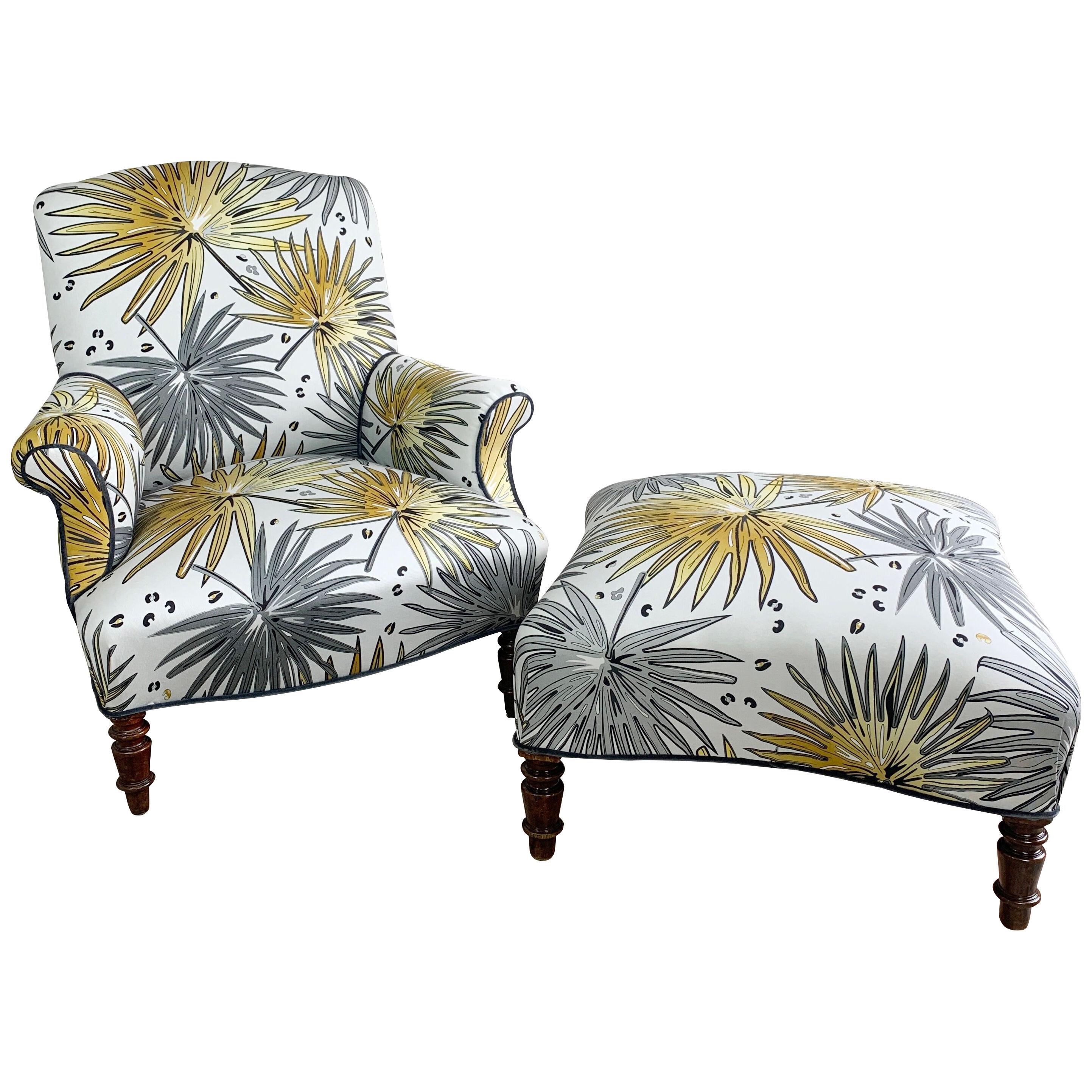 Napoleon lll Armchair and Footstool in Tropics 'Fan Palm' Fabric 