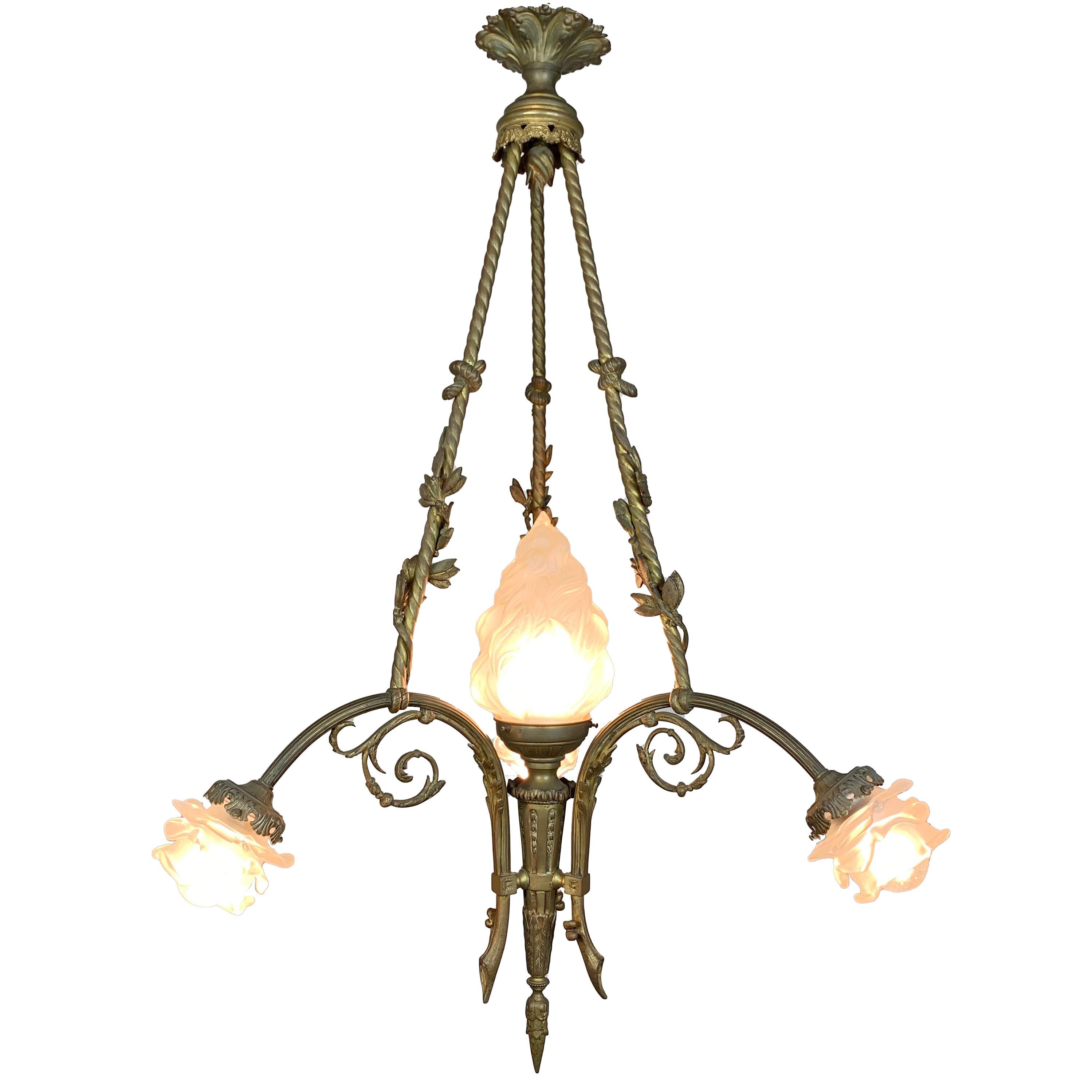  Art Nouveau Bronze and Glass Torchiere and Flower Chandelier circa 1905