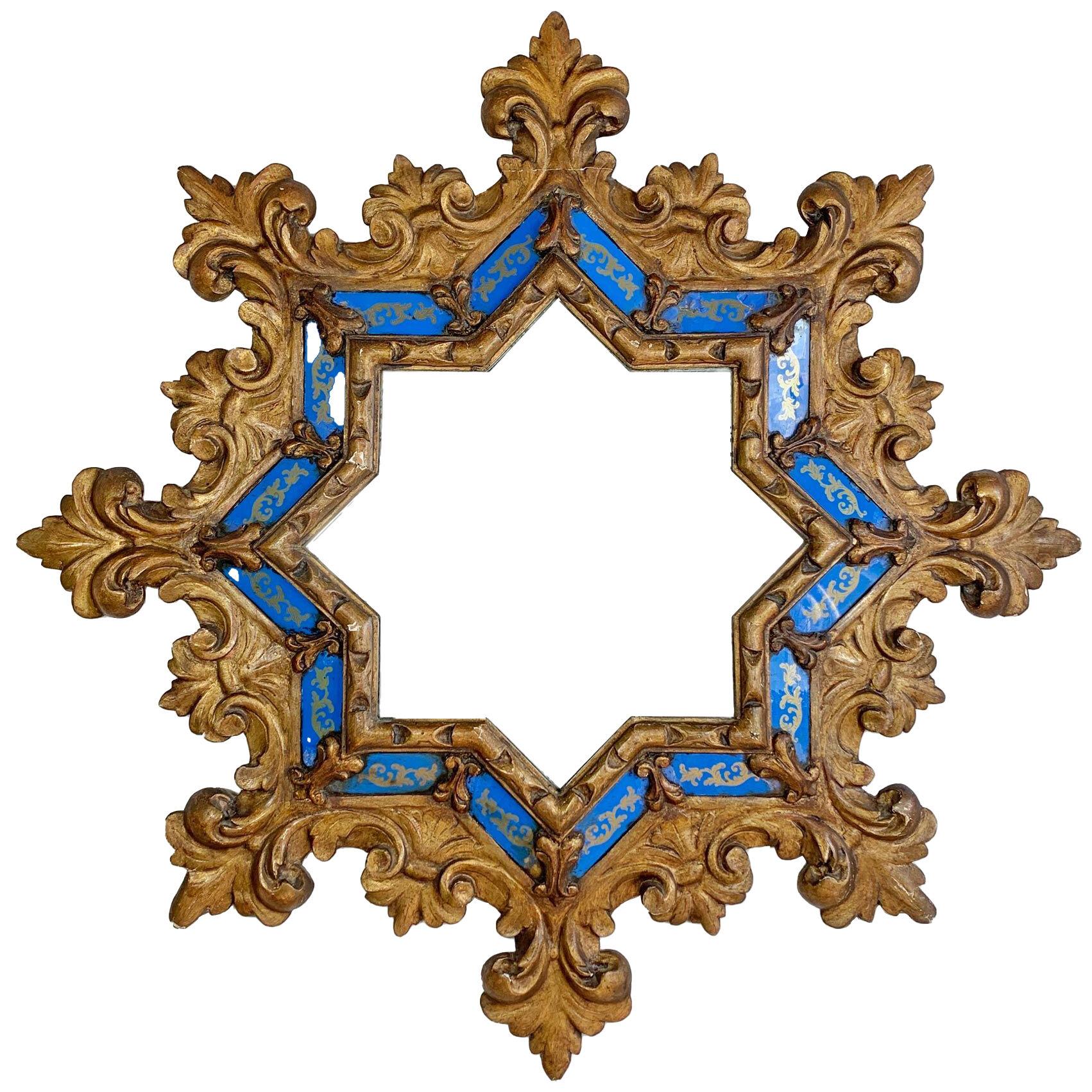 Stunning 19th C Italian Eglomise Starburst Mirror in Carved Wood and Gilt Gesso