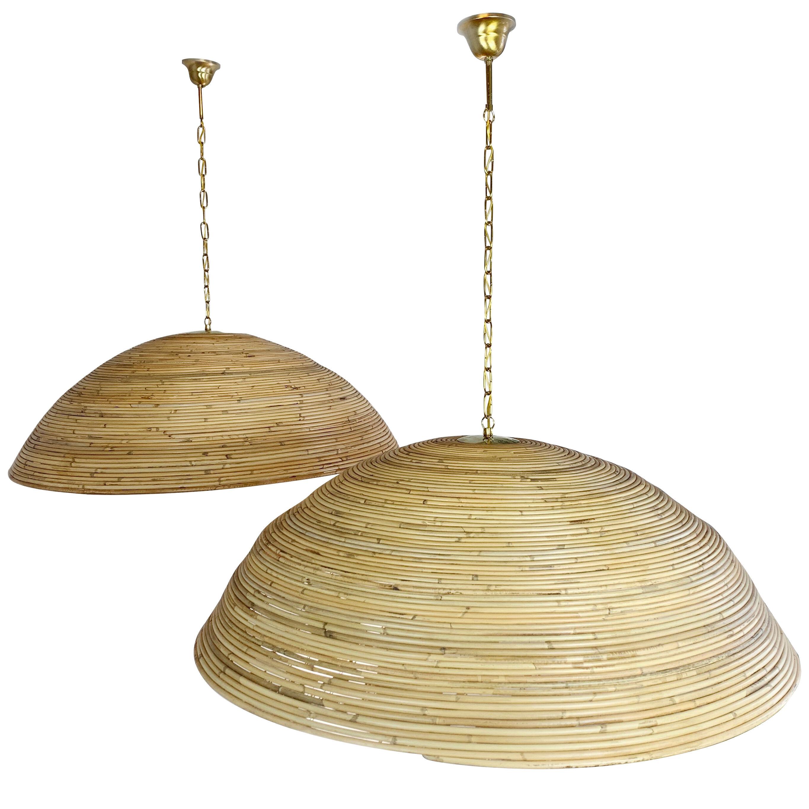 Pair of Gabriella Crespi Rattan Dome Ceiling Pendants  