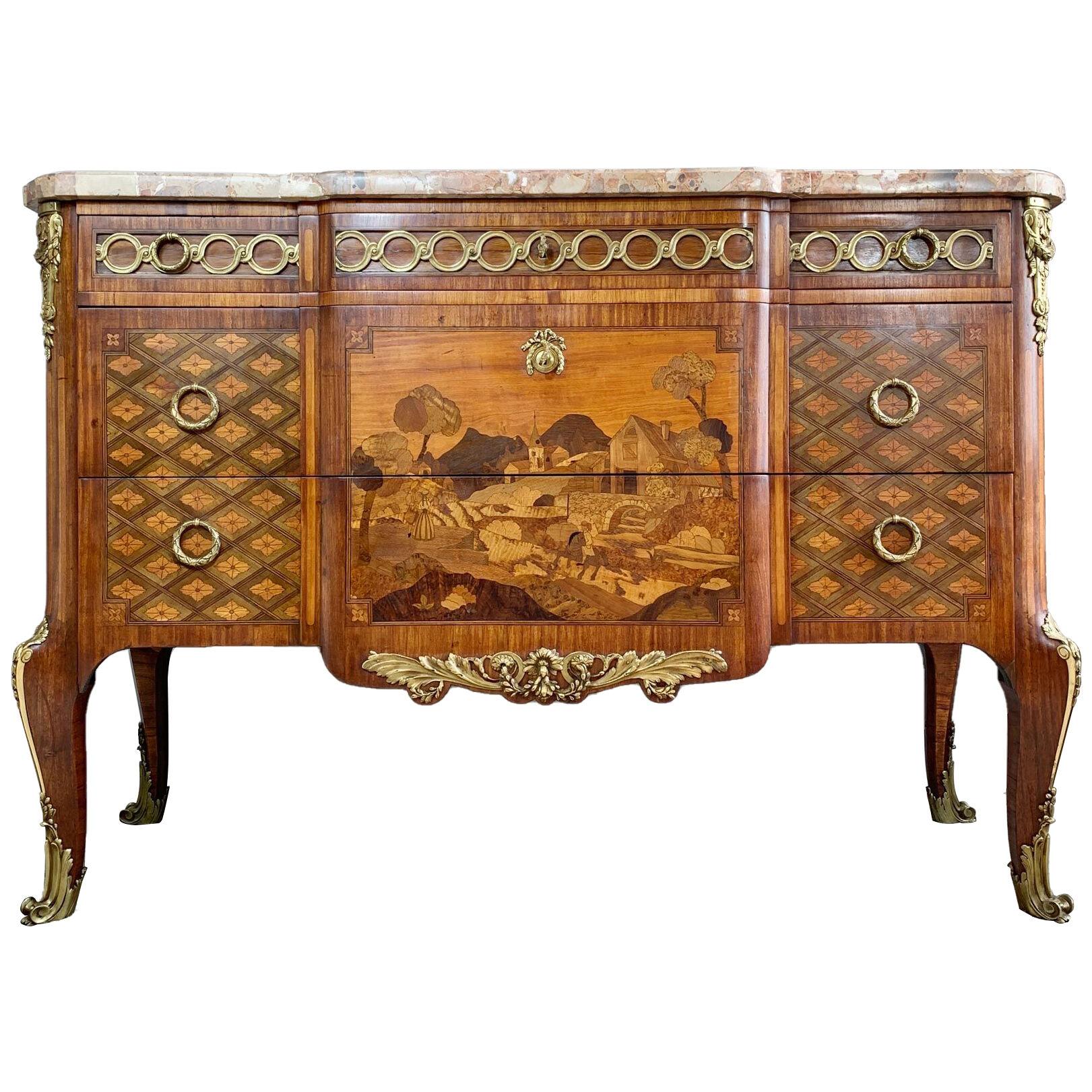 Louis XVI Transitional French Marquetry & Gilt Bronze Commode After Roussel
