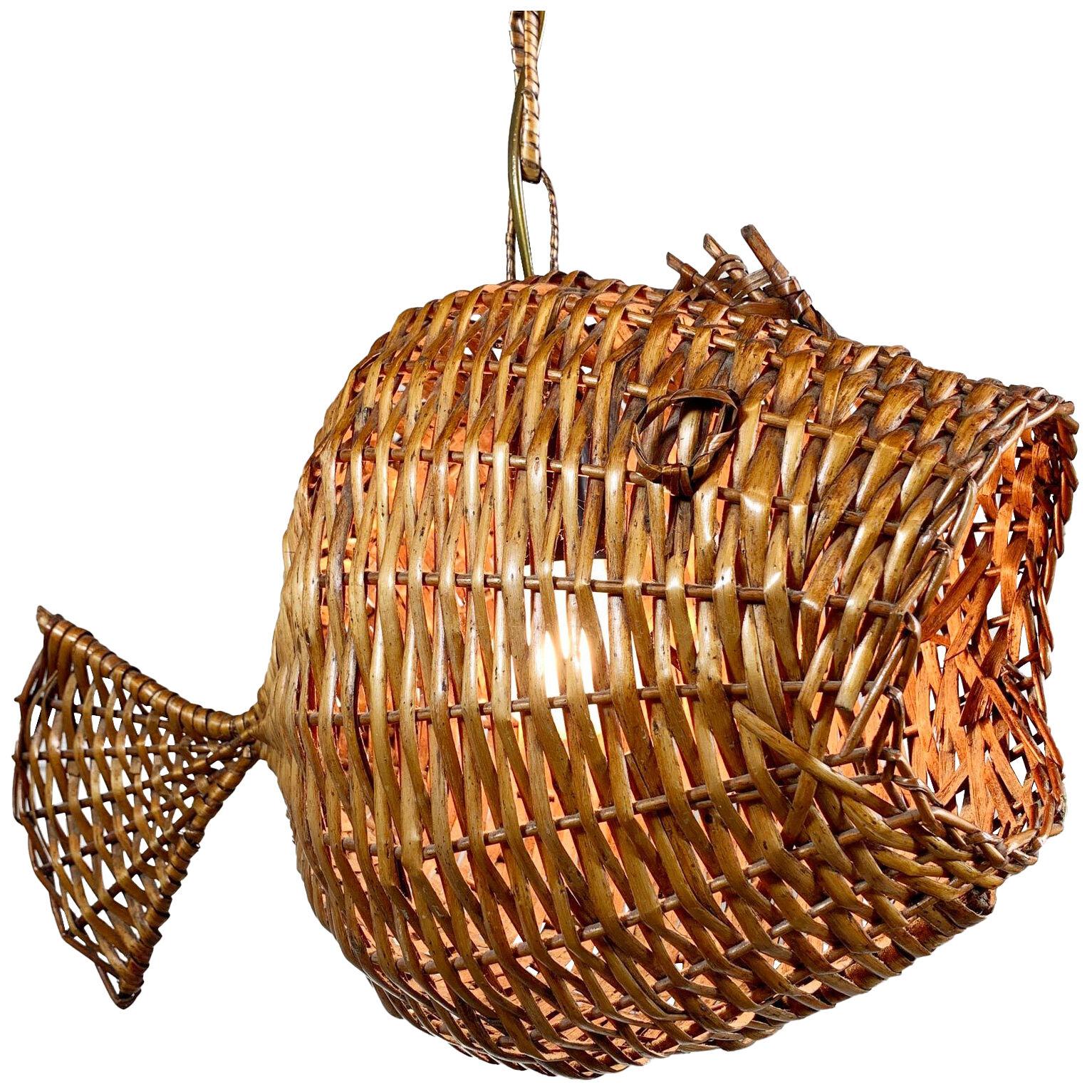  Exceptional and Rare Mid Century French Wicker Fish Ceiling Light