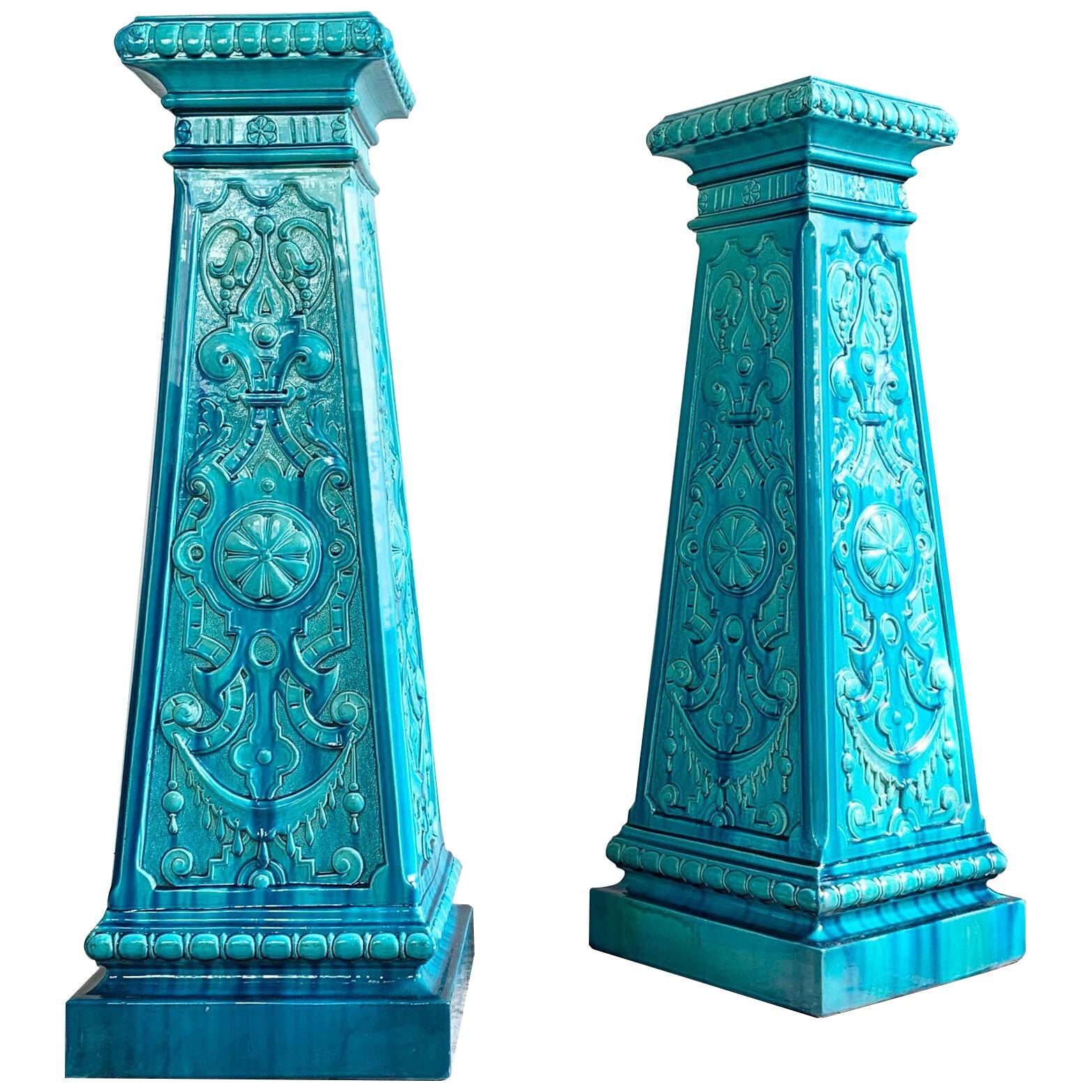 Exceptional Pair of 19th Century Burmantofts Faience Jardiniere Stands