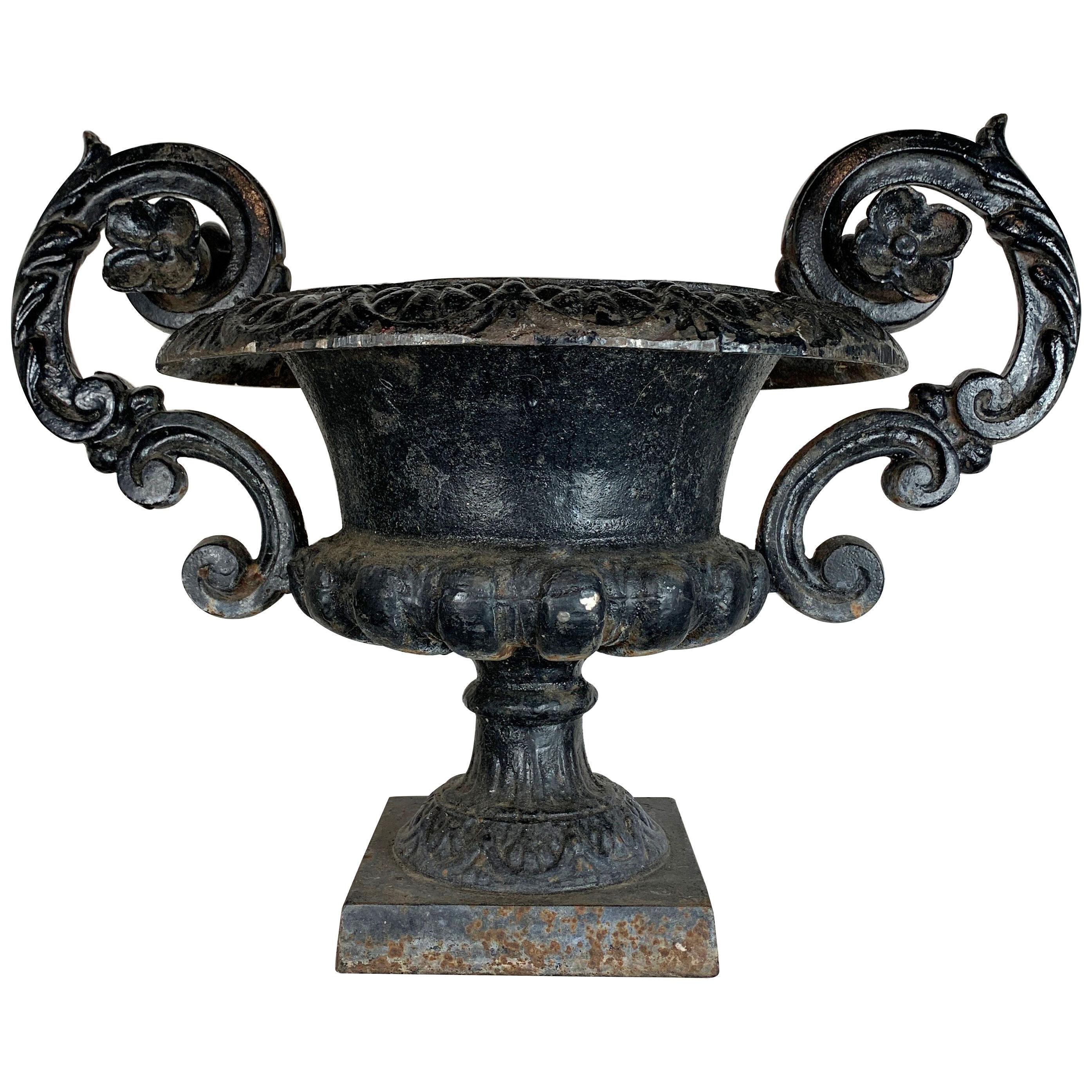  Antique French Cast Iron Urn with Decorative Handles