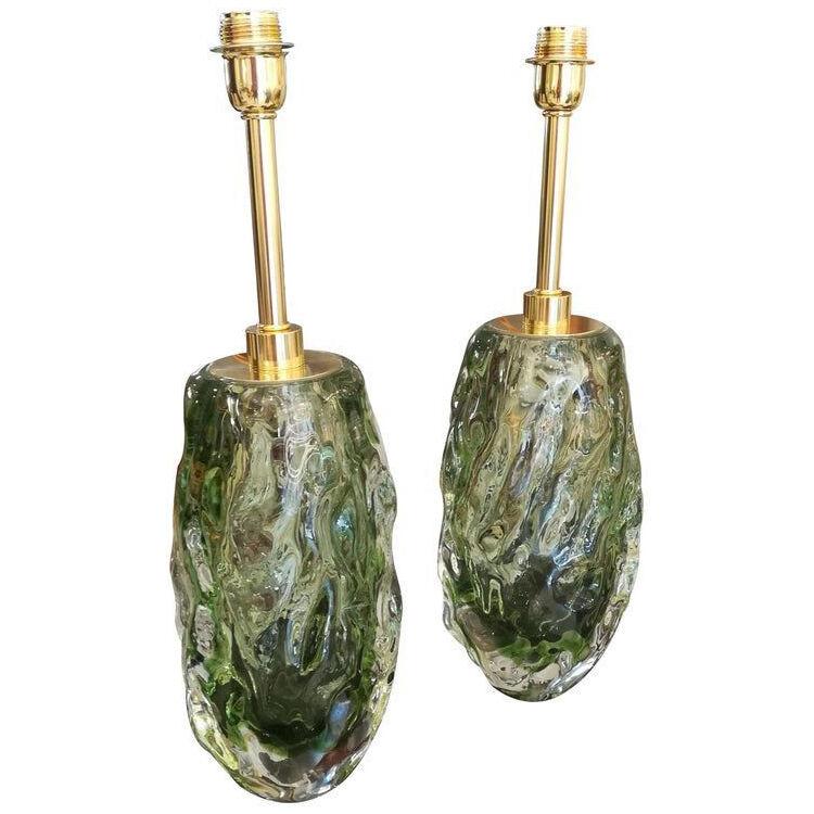 Pair of Italian Table Lamps in Light Green Murano Glass