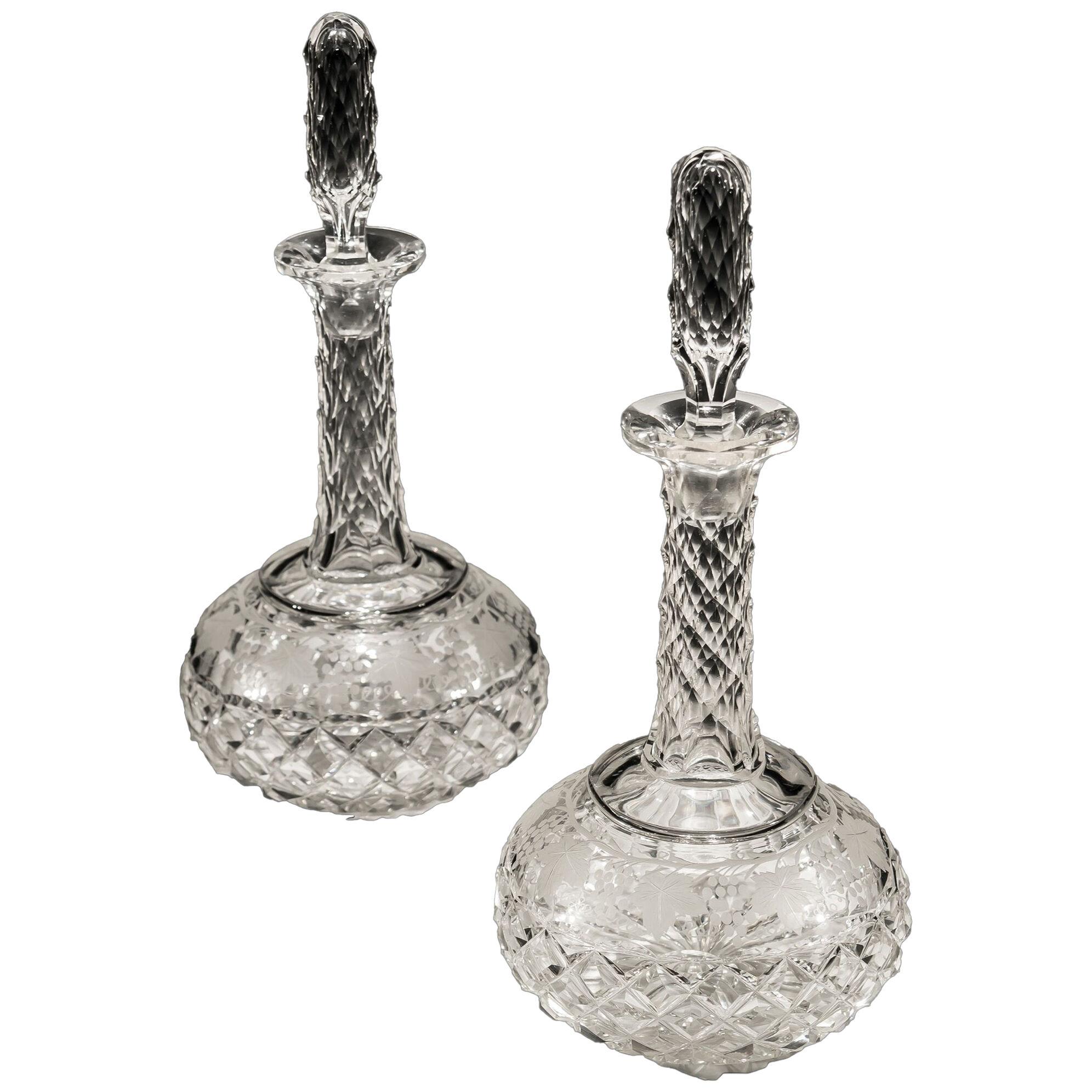Pair of Victorian Cut Glass Shaft & Globe Decanters Engraved With Fruiting Vine