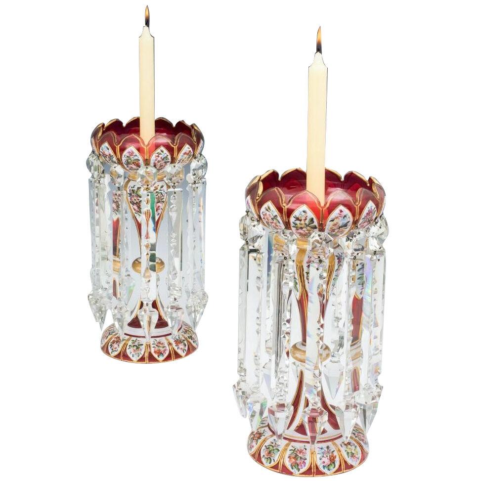 AN EXCEPTIONAL LARGE PAIR OF FINELY DECORATED OVERLAY LUSTRES