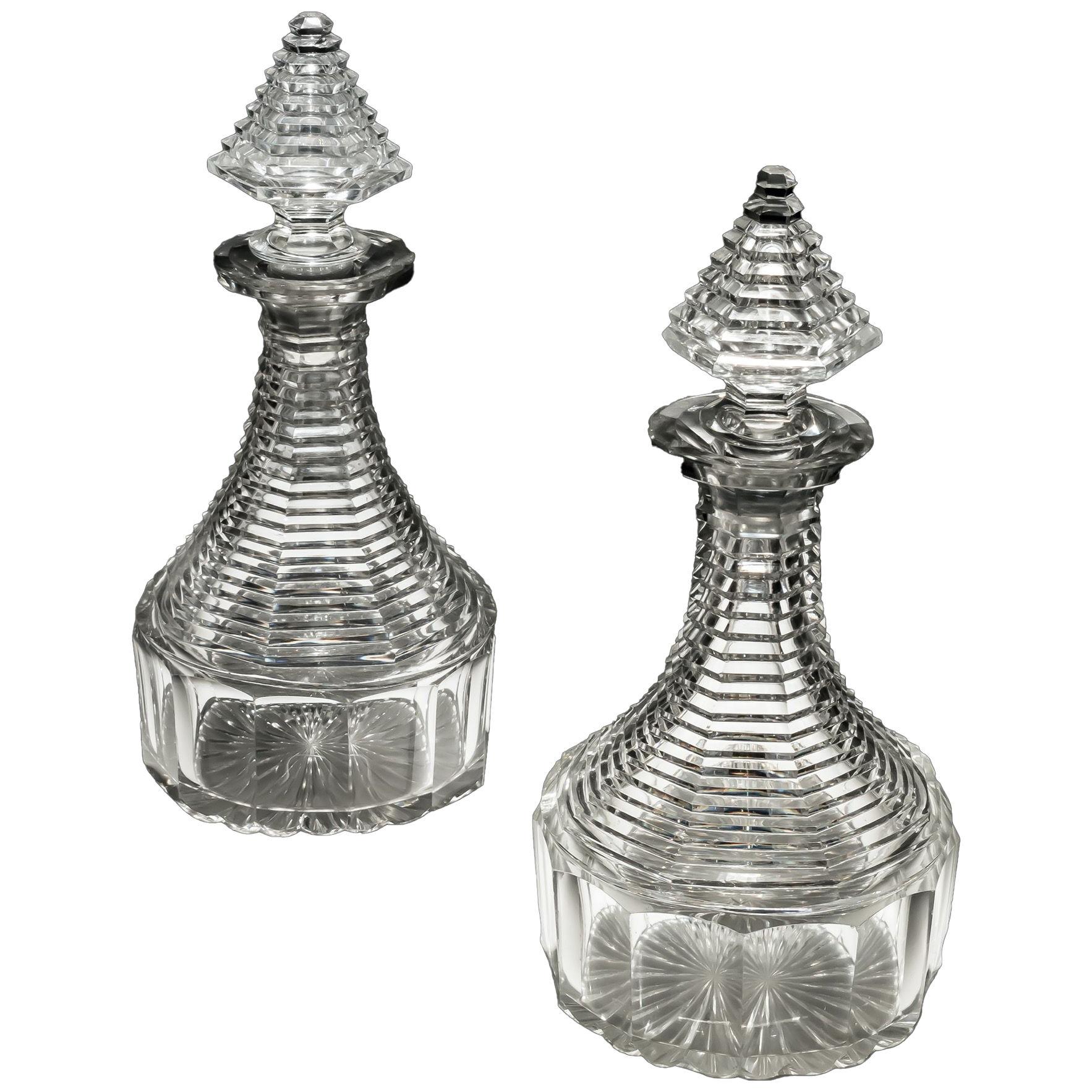 A Fine Pair of Regency Step Cut Semi Ships Decanters