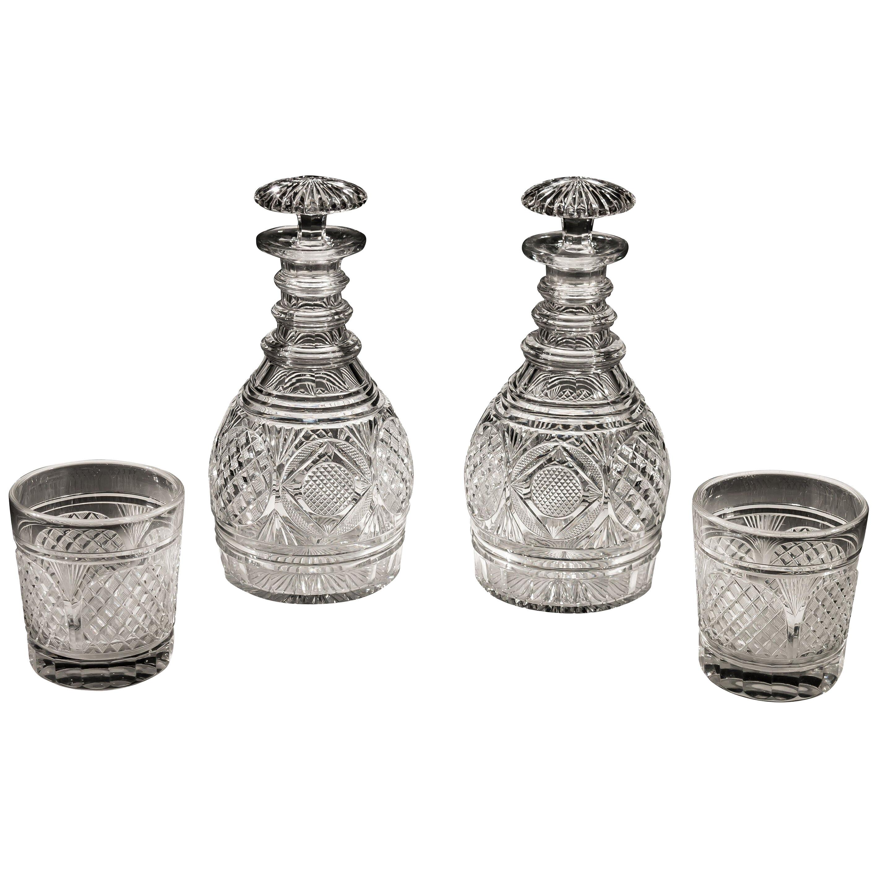 Exquisite Pair of Regency Cut Glass Decanters with Matching Tumblers