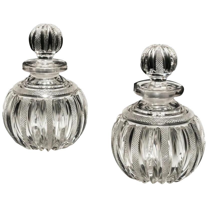 Fine pair of Regency pillar and file cut glass scent bottles
