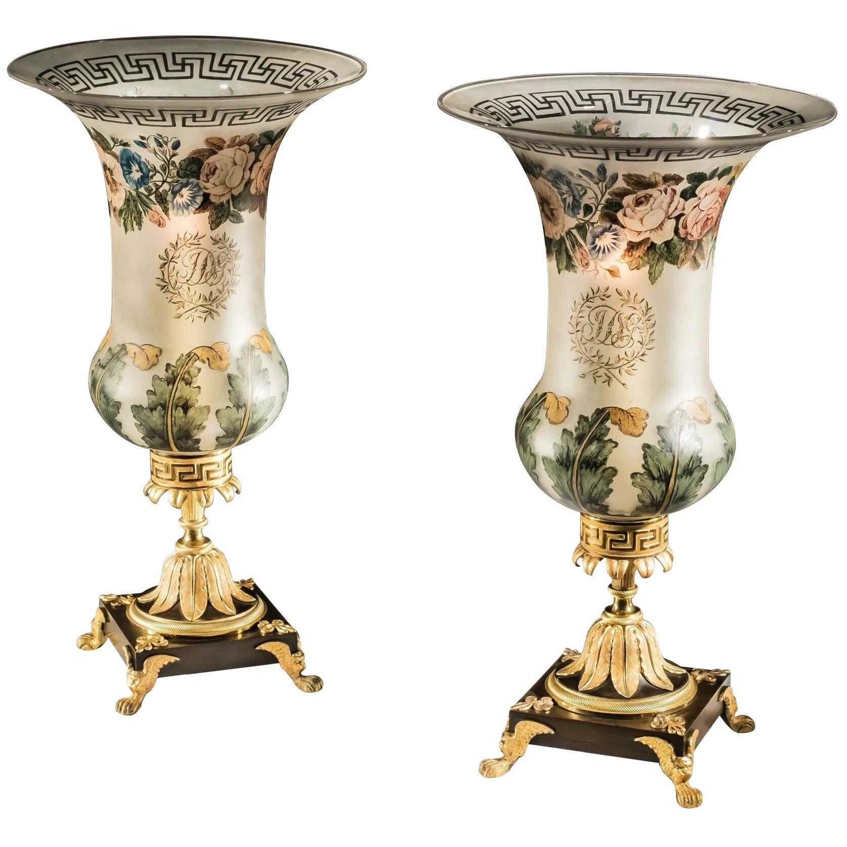 A HIGHLY UNUSUAL PAIR OF REGENCY STORM LIGHTS WITH PAINTED SHADES