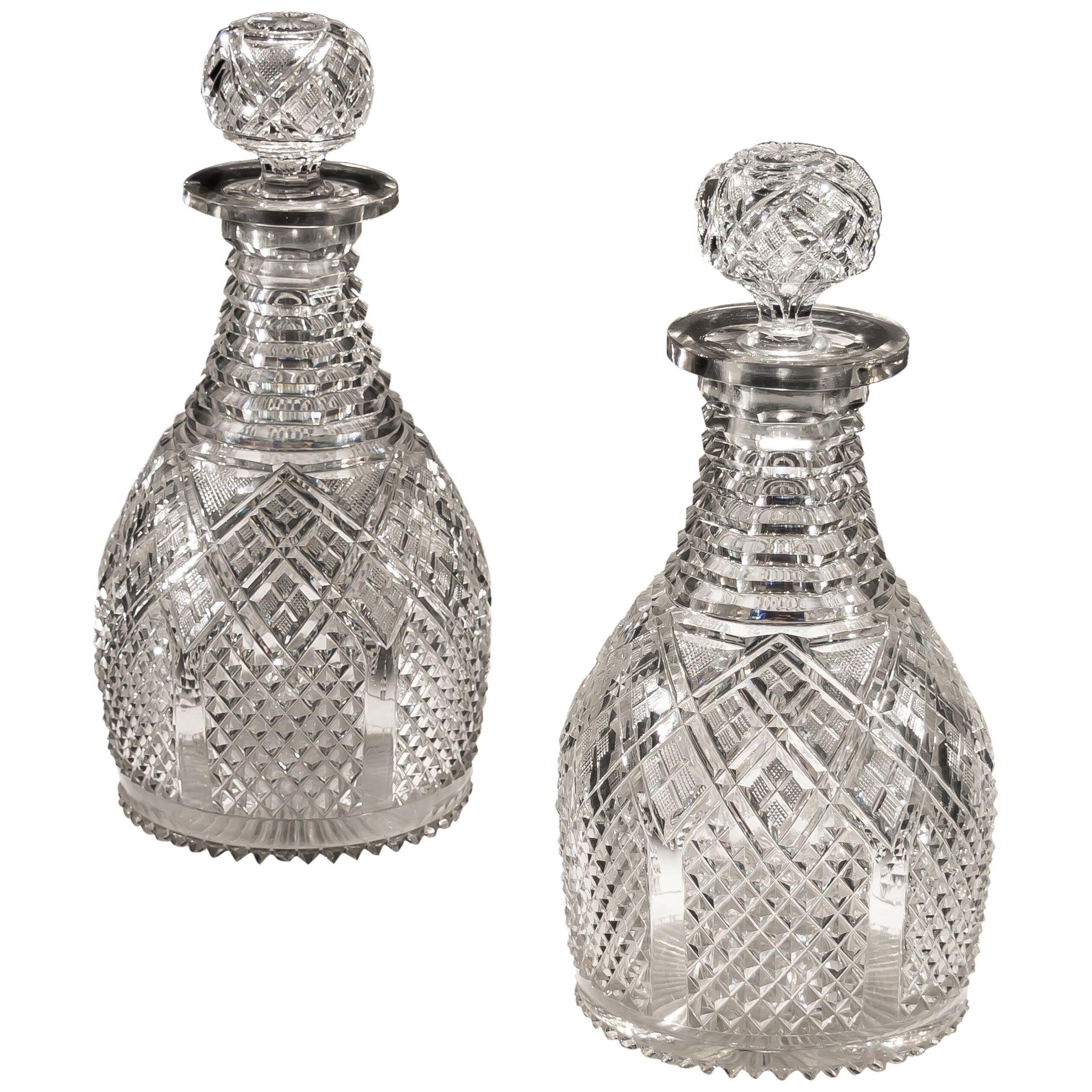 Fine Pair of Step and Diamond Panelled Cut Glass Magnum Regency Decanters	