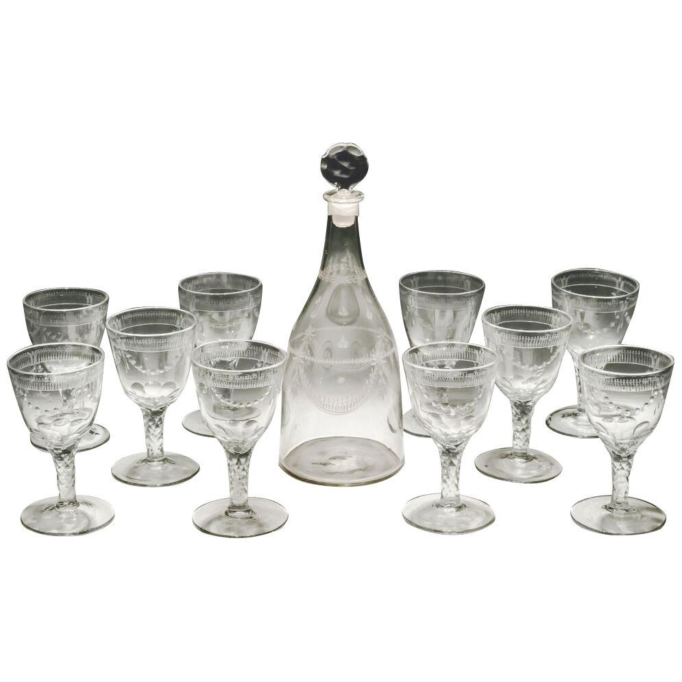 Engraved Continental Magnum Decanter with Ten Matching Glasses	
