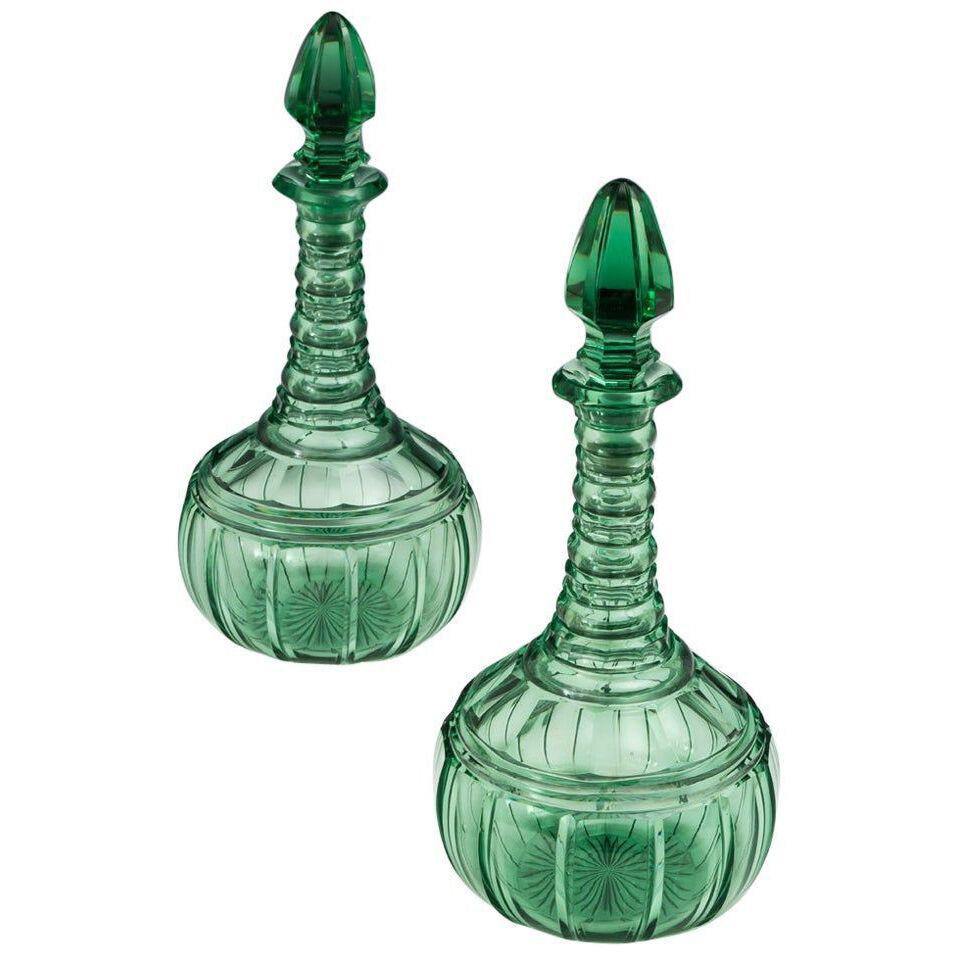 Pair of Elaborately Cut Green Victorian Decanters