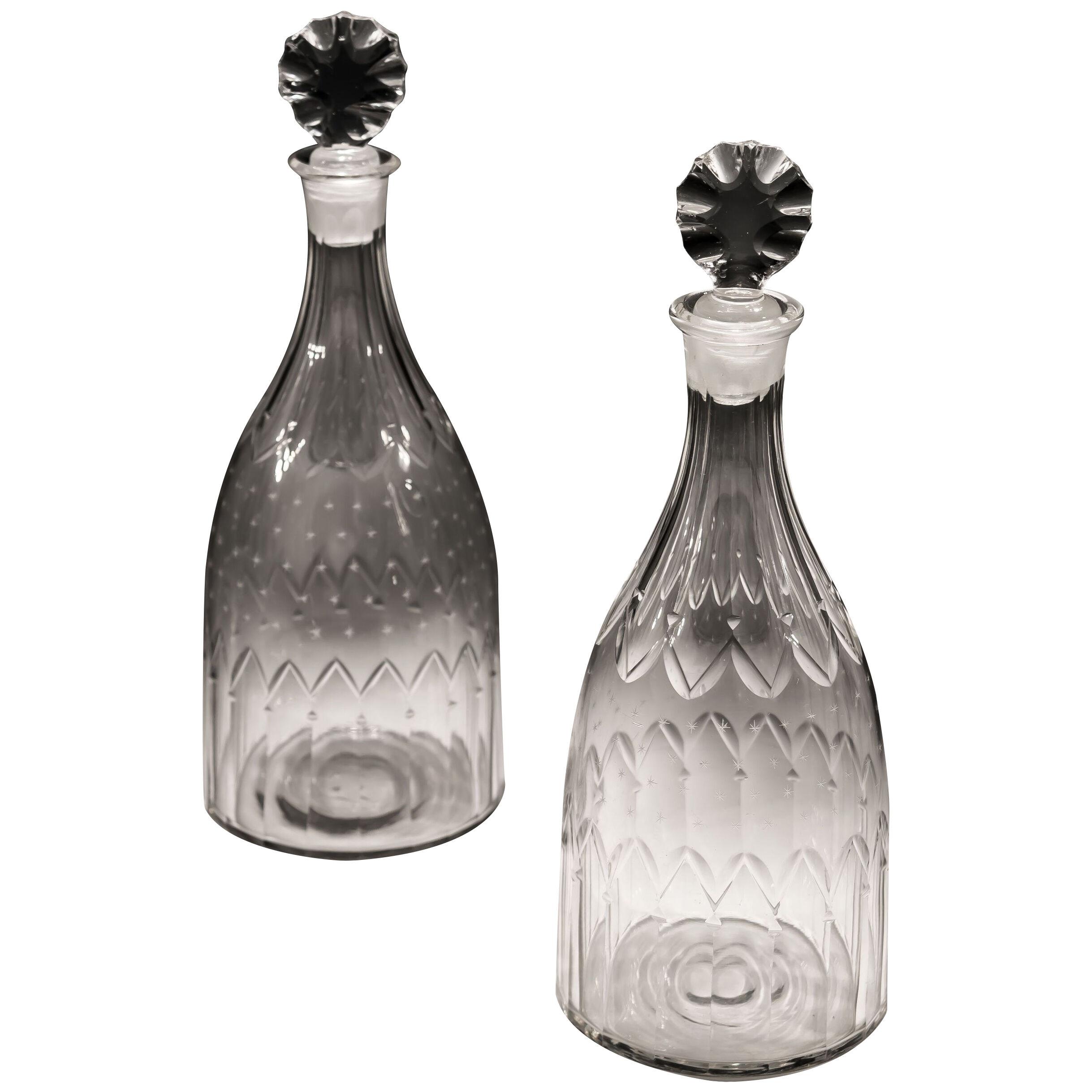A Pair of Cut Glass 18th Century Tapered Decanters Finely Engraved with Stars	