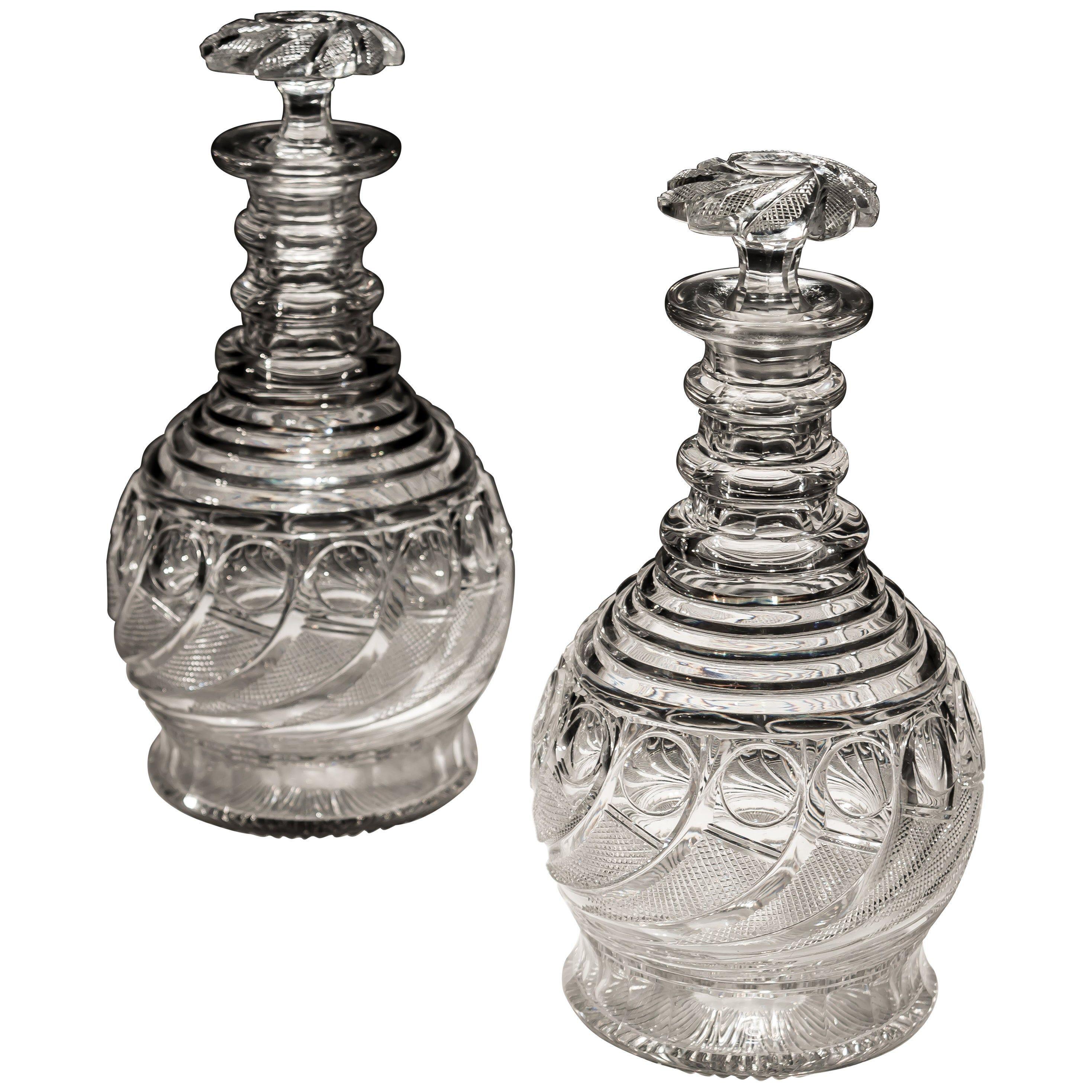Exceptional Pair of Swirl Cut Regency Decanters with Swirl Cut Stoppers