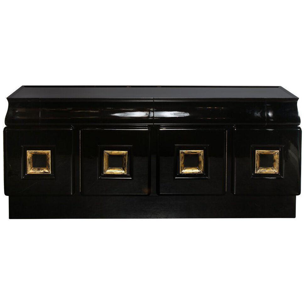 Signed James Mont Sideboard in Black Lacquer with Gilded Wood Pulls