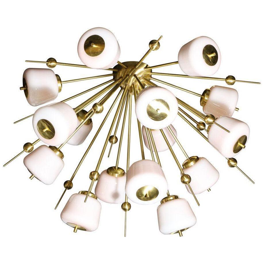 Modernist Brushed Brass & White Murano Glass Sputnik Flush Mount Chandelier