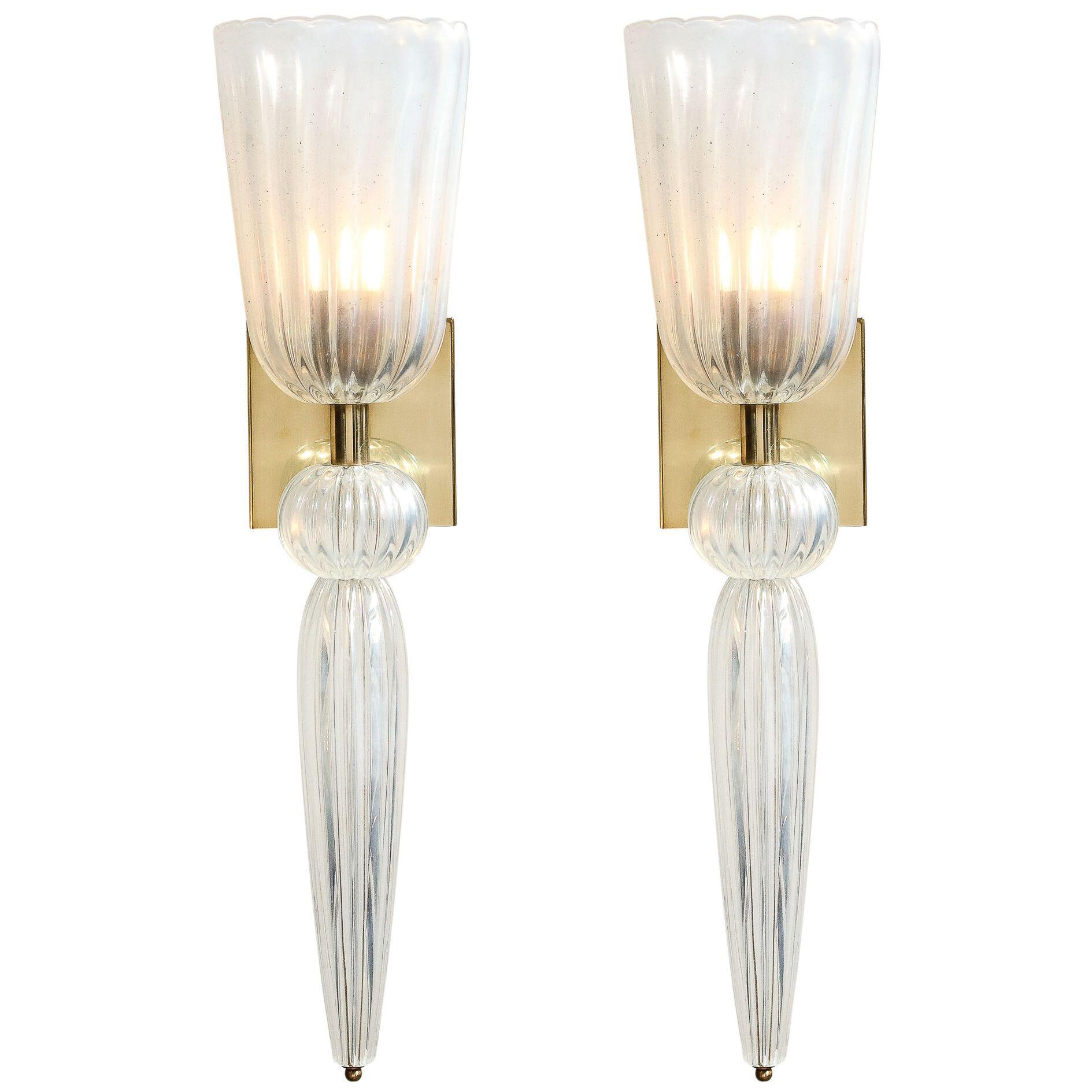 Modernist Iridescent Handblown Murano Glass & Brass Sconces w/ Elongated Drop