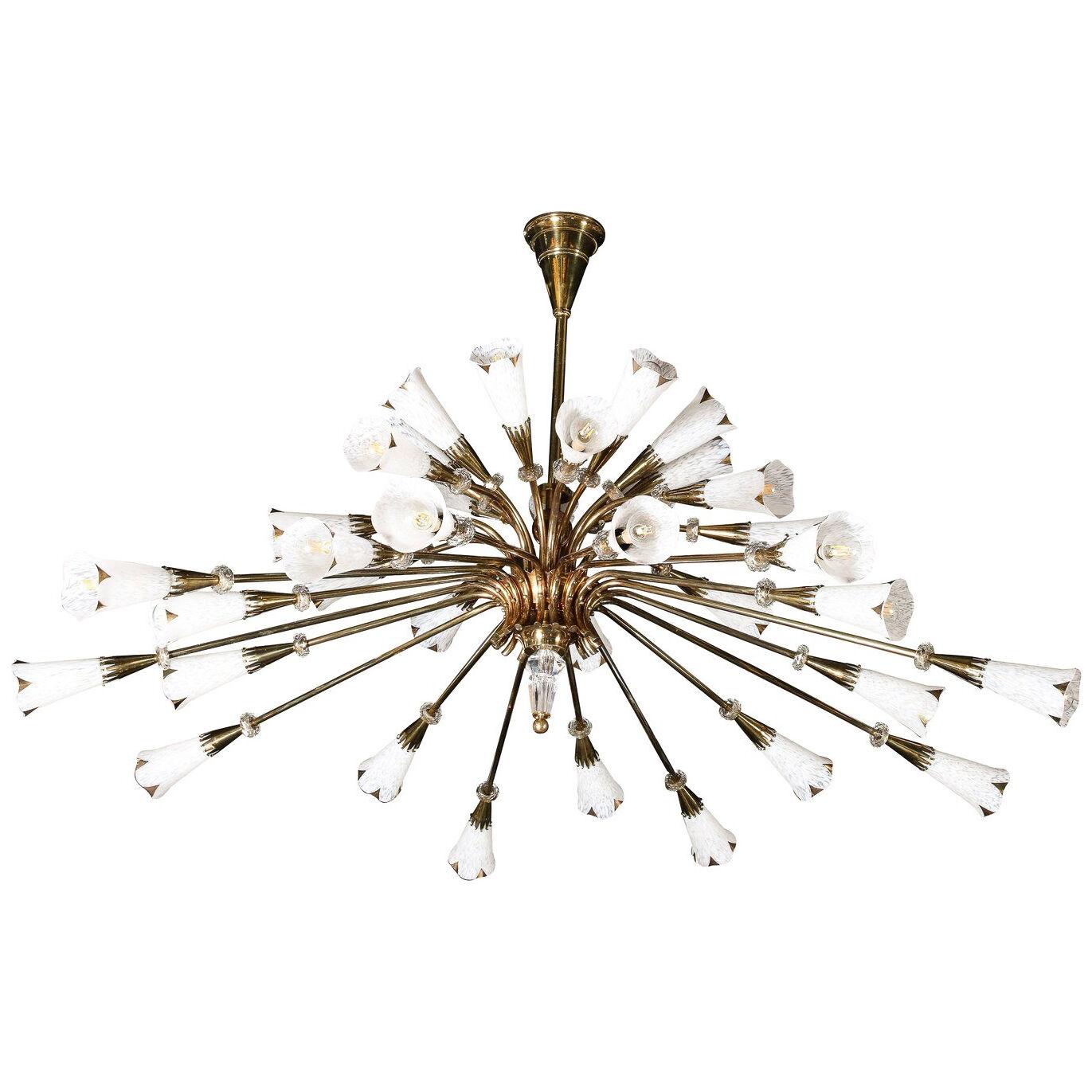 Mid-Century Three-Tier Lilly Chandelier in Brass w/ Hand-Painted Glass Shades