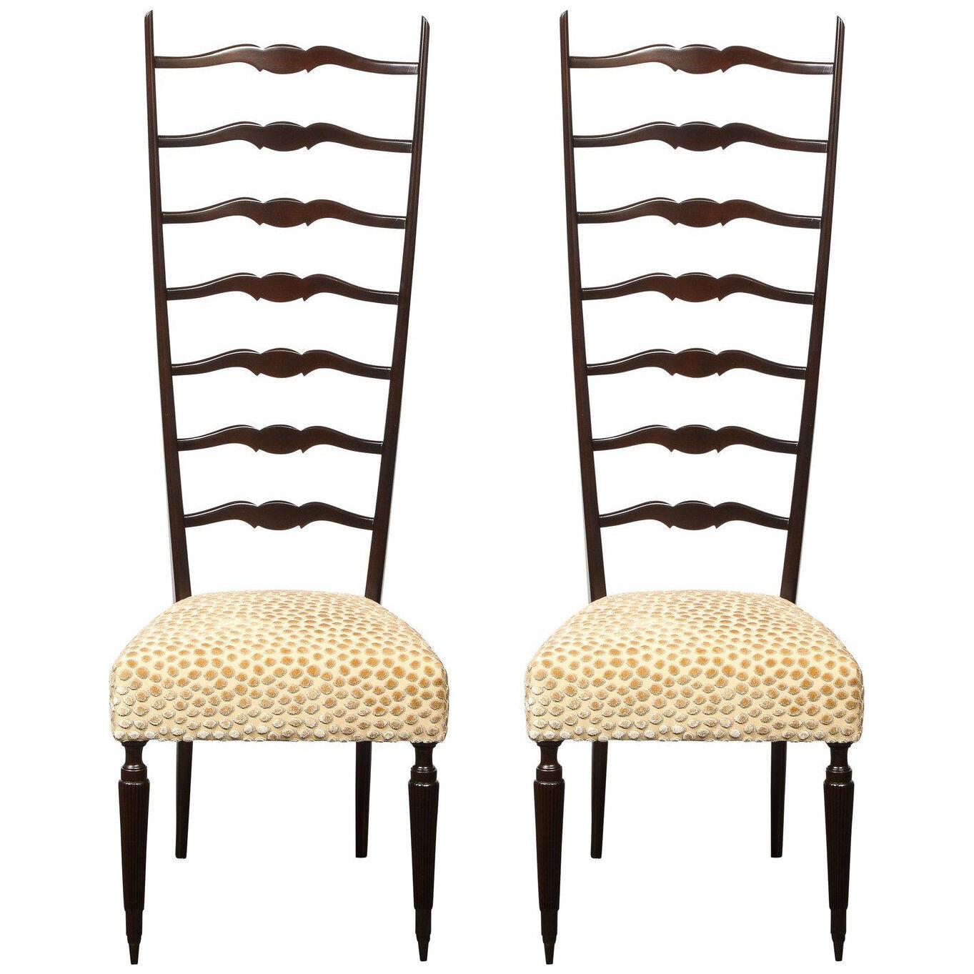 Pair of Mid-Century Modern Ebonized Walnut & Gauffraged Velvet Ladderback Chairs
