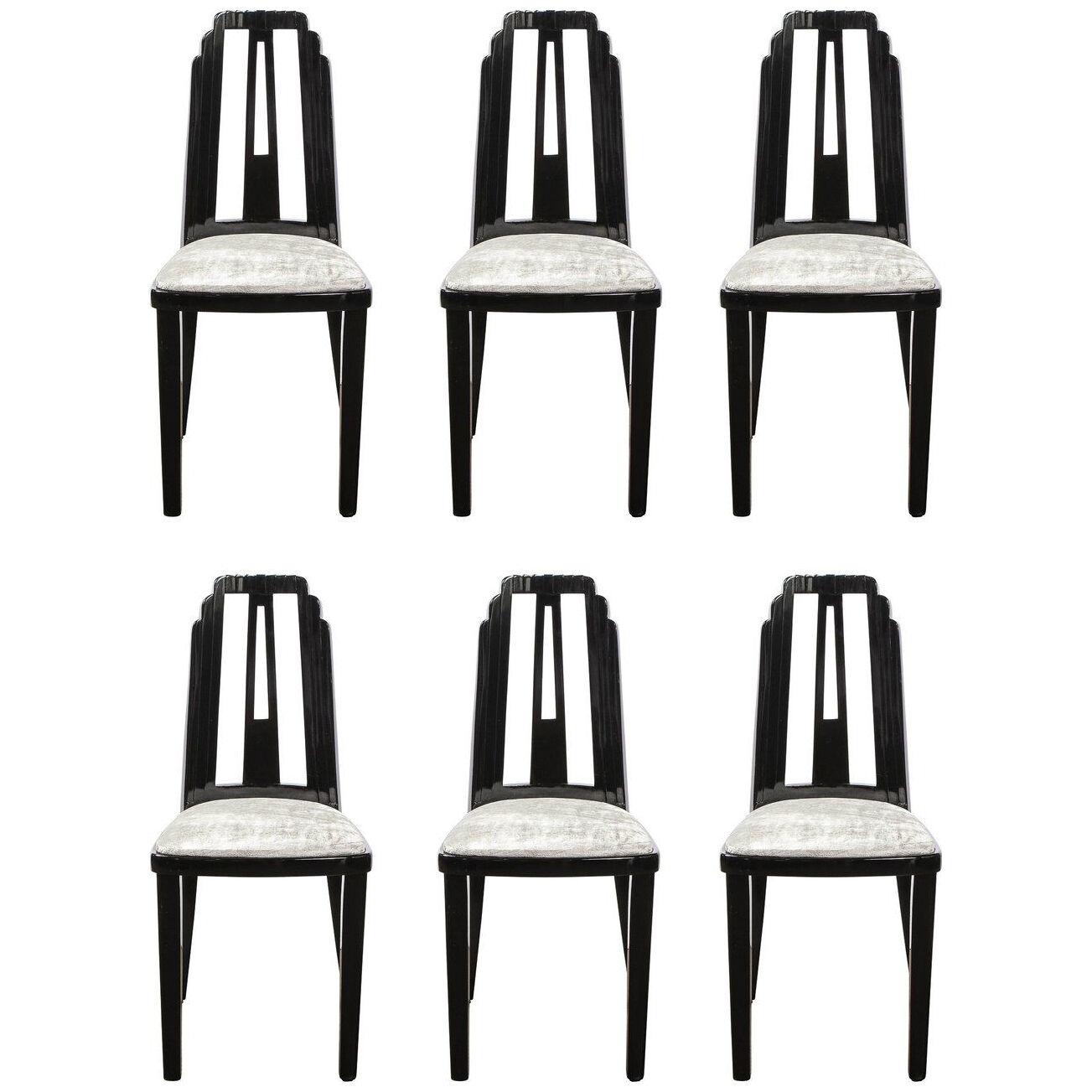 Set of Six Art Deco Skyscraper Style Dining Chairs in Black Lacquer and Velvet
