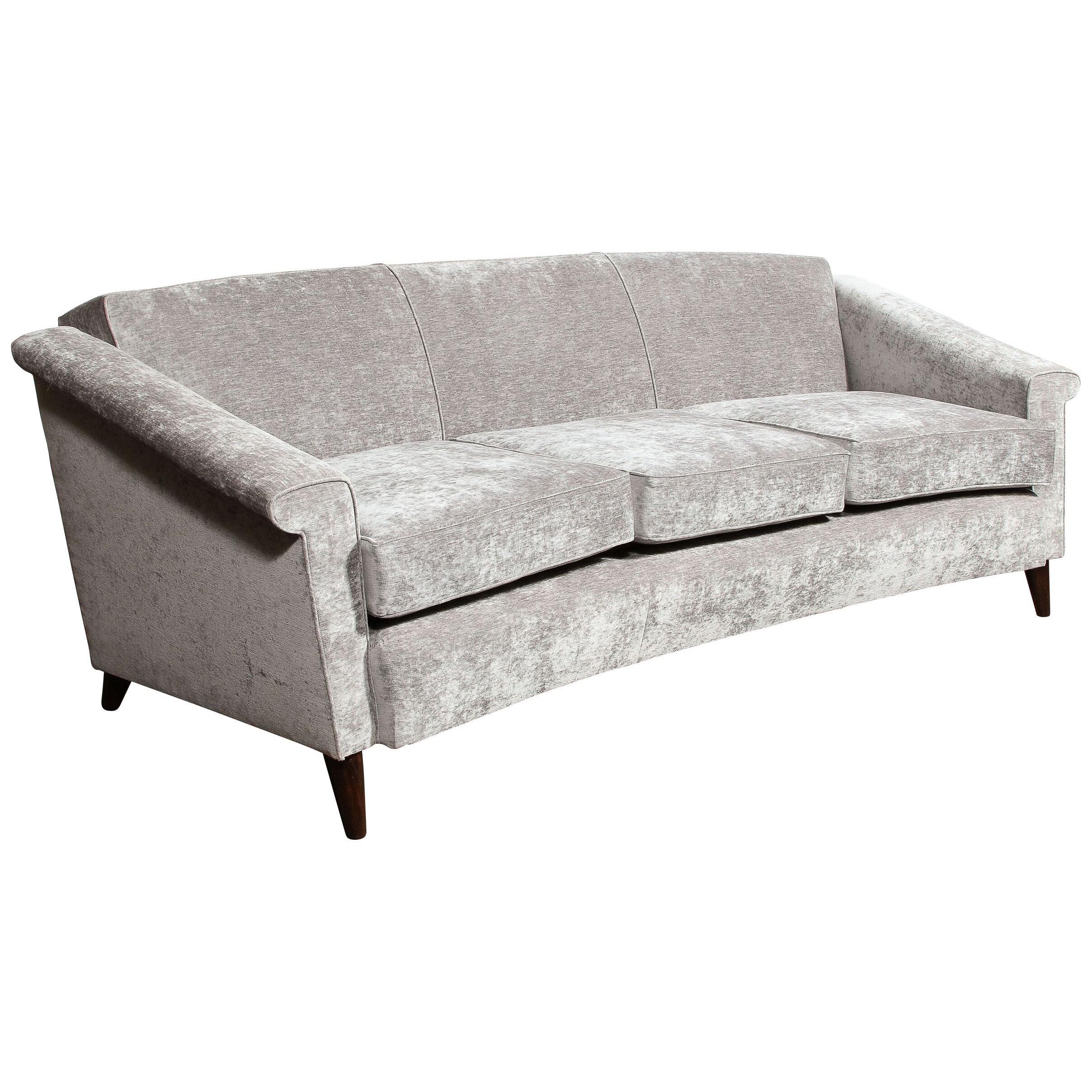 Mid-Century Modern Sofa in Smoked Pewter Velvet & Ebonized Walnut by Jules Leleu