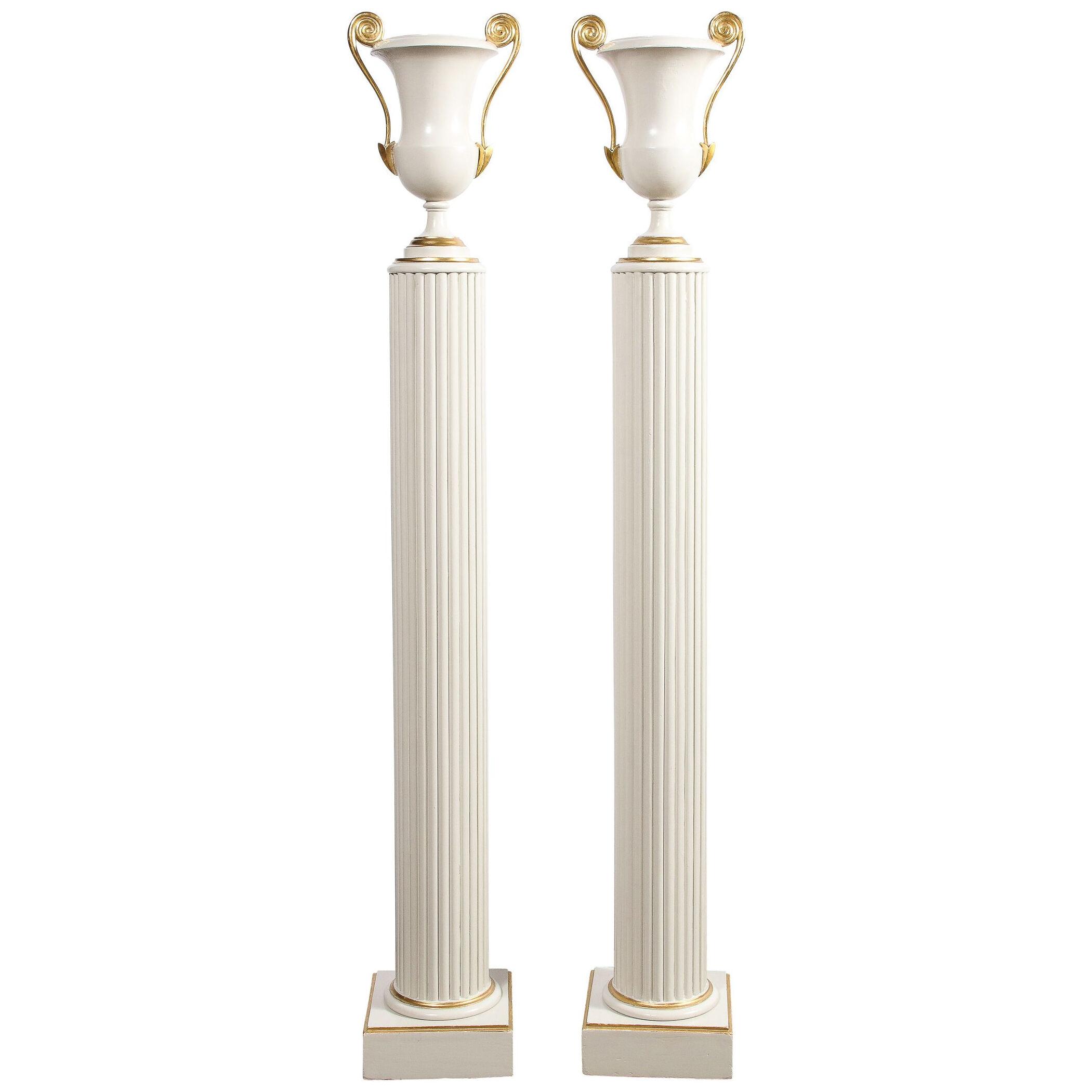 Pair of Neoclassical Urn Form Up-lights on Fluted Pedestals with Gilt Detailing