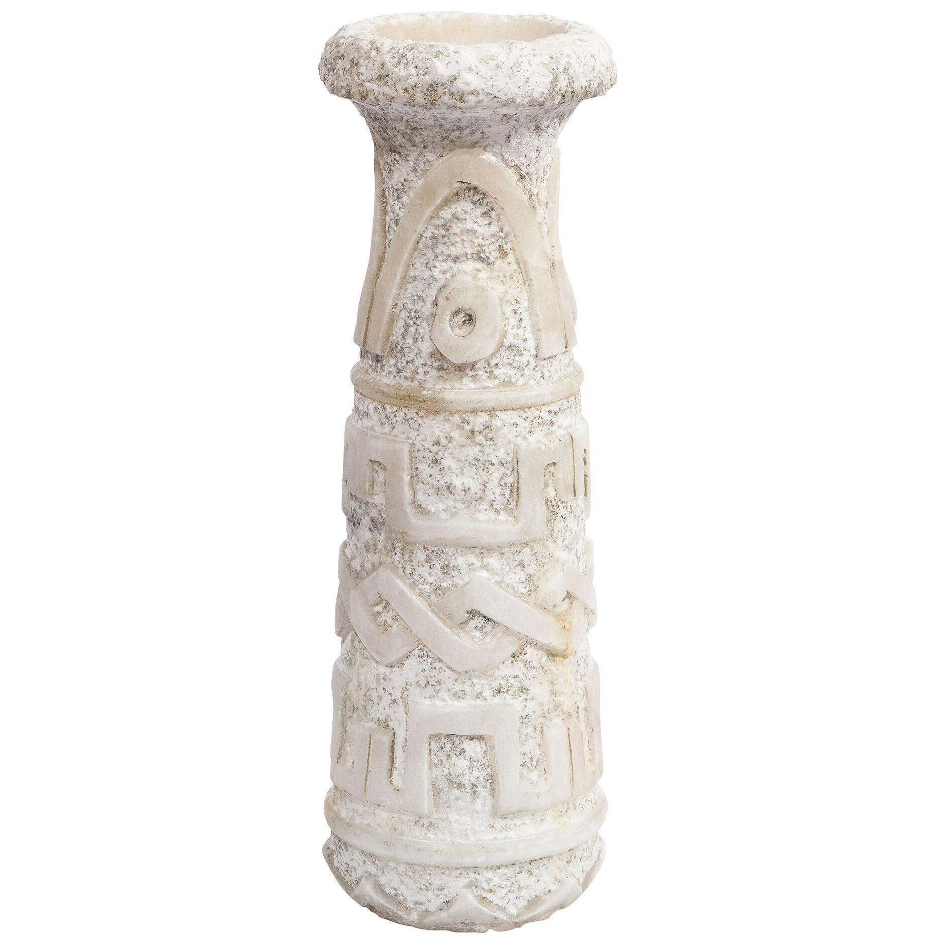Mid-Century Primitivist Marble Vase w/ Carved Geometric Detailing in Marble