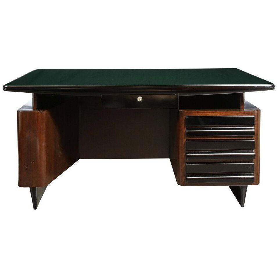 Mid-Century Walnut & Black Lacquer Desk with a Green Vitrolite Top