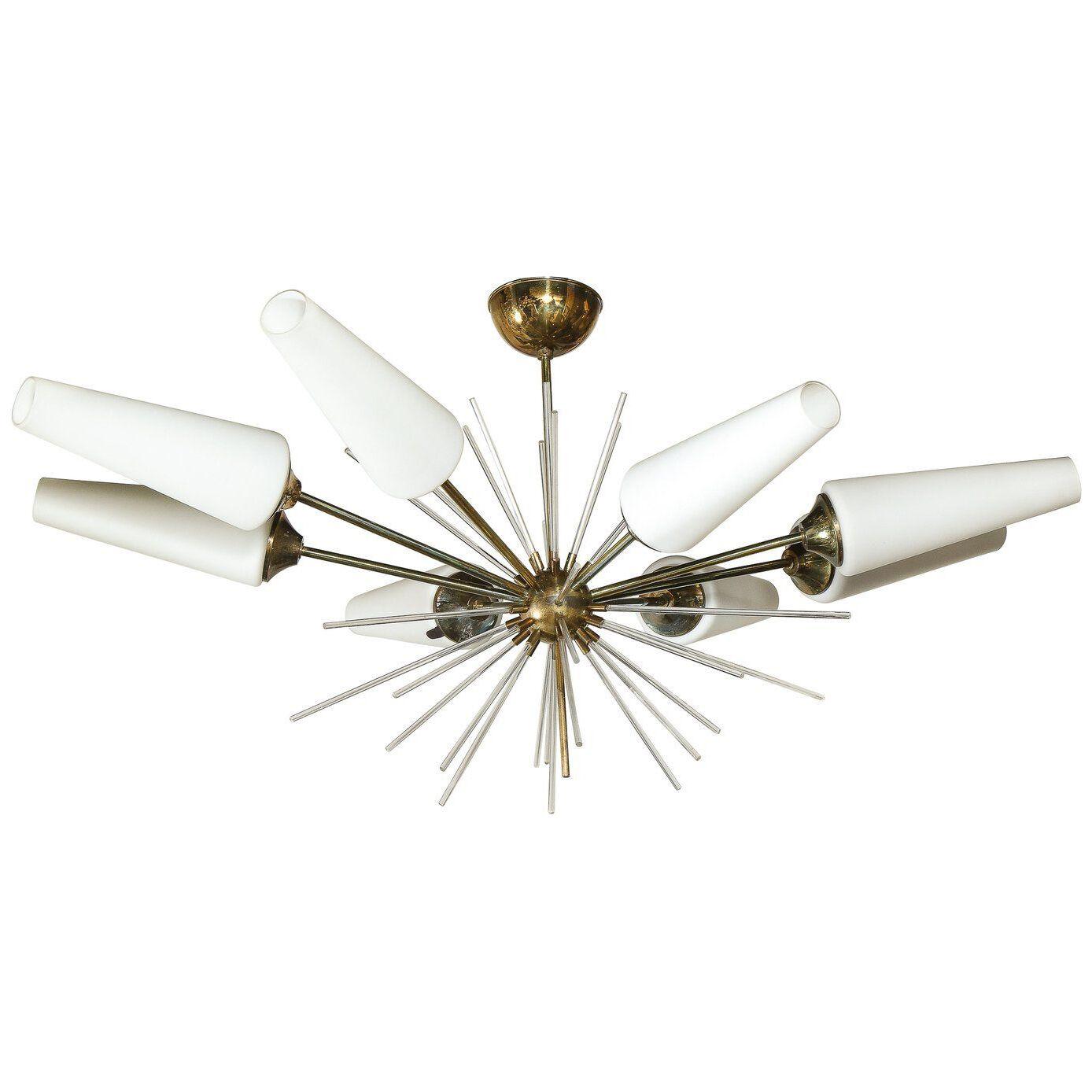French Mid-Century Modern Brass & Frosted Glass Cylindrical Sputnik Chandelier