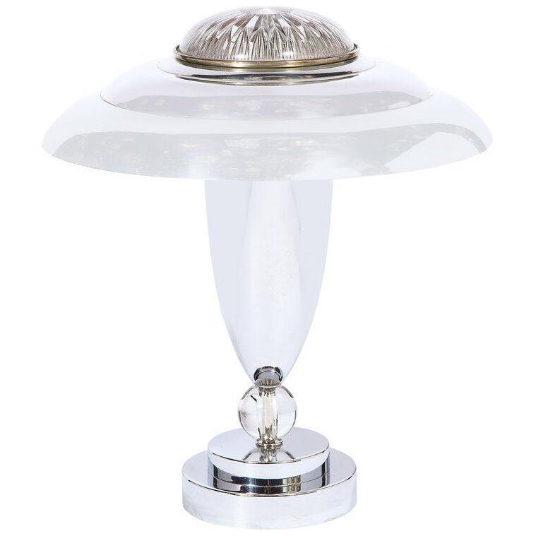 Art Deco Machine Aged Chrome and Glass Table Lamp