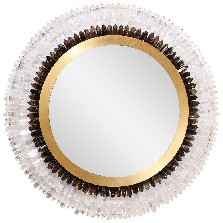 Modernist Brushed Brass, White & Smoked Rock Crystal Circular Wall Mirror