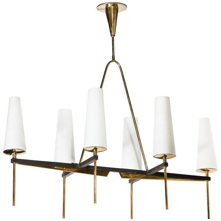 Mid-Century Ebony Brass Six Arm Tapered Conical Glass Shade Chandelier
