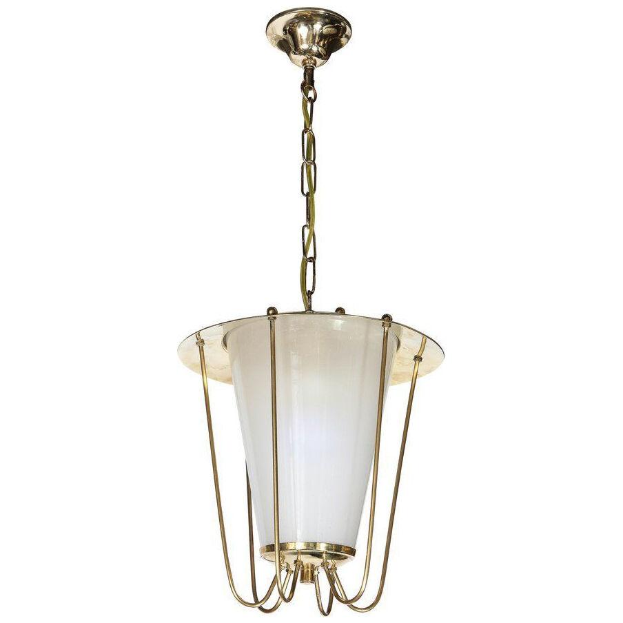 Mid-Century Modernist Lantern Chandelier in Brass and Frosted Glass