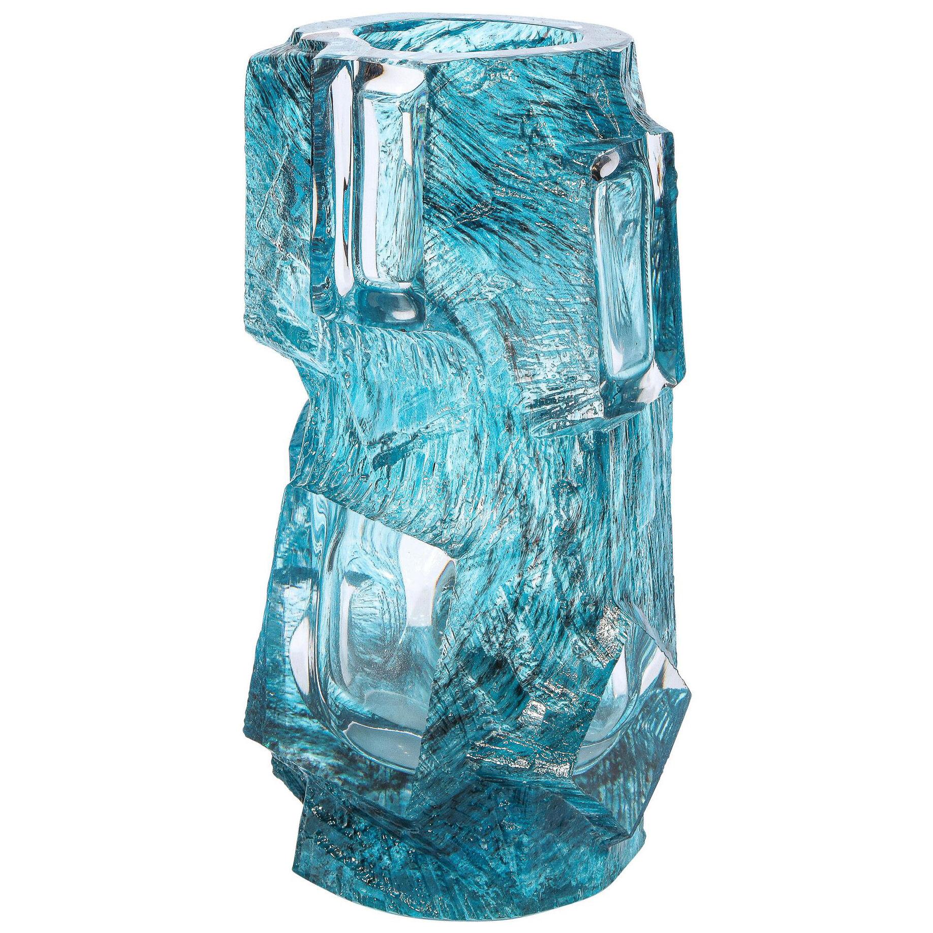 Mid-Century Modern Daum Blue Glass Brutalist Vase