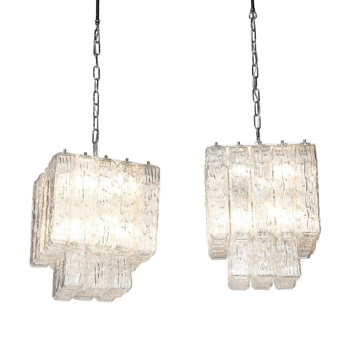 Pair of Mid-Century Modern Two Tier Murano Glass Tronchi Chandeliers by Venini