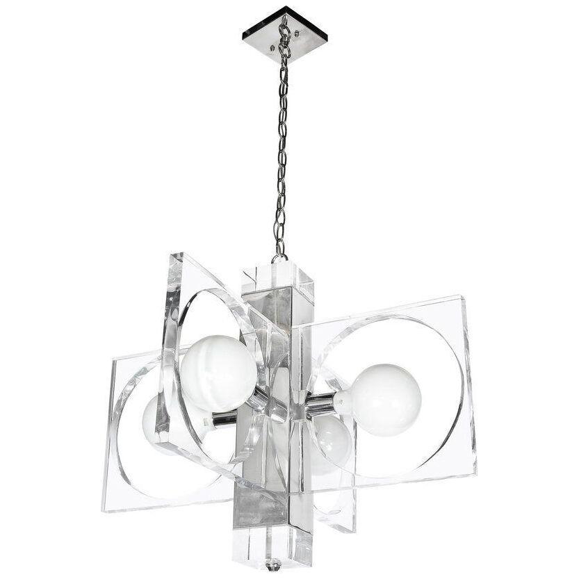 Mid-Century Modern Translucent Lucite & Polished Chrome Cut Out Chandelier