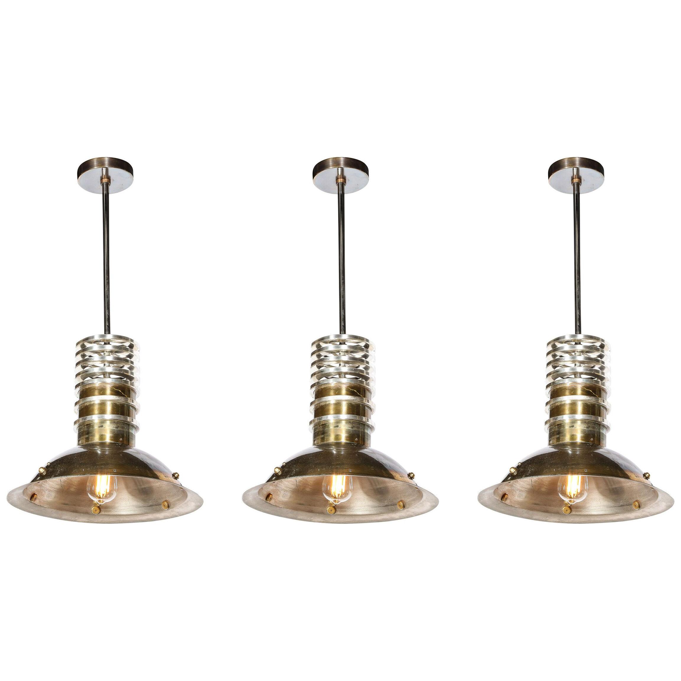 Set of Three Art Deco Industrial Antiqued Bronze & Polished Nickel Ring Pendants