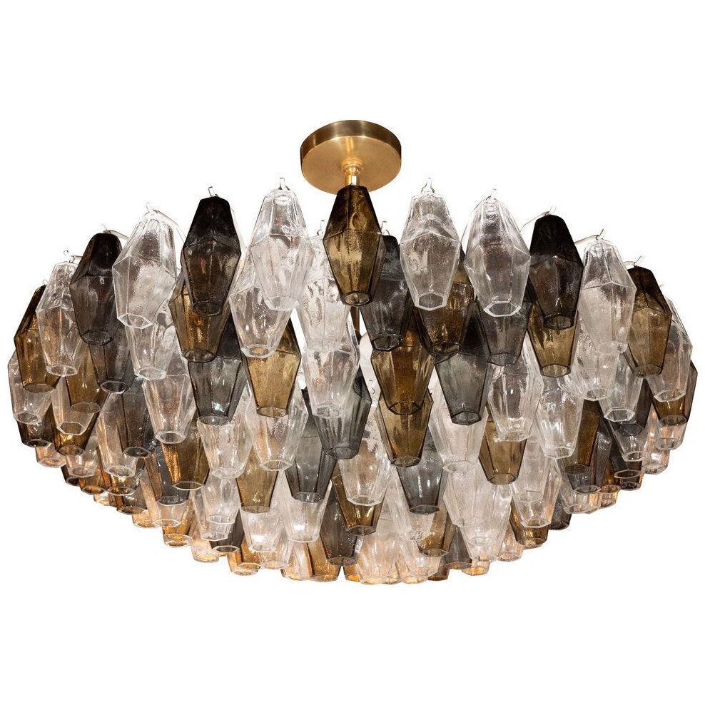Modernist Handblown Murano Mixed Polyhedral Chandelier with Brass Fittings