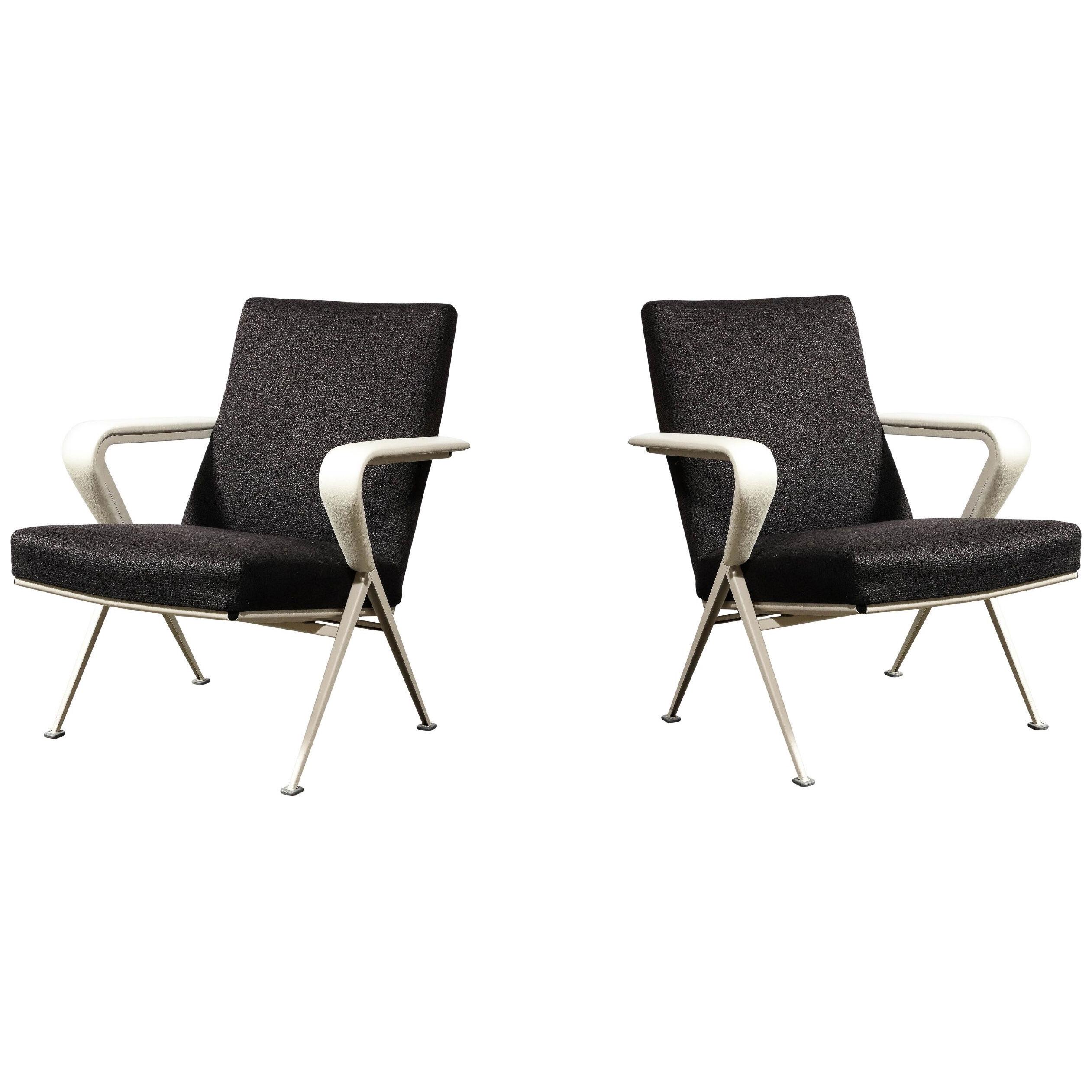 Pair of Repose Chairs in White Leather, Enameled Steel & Charcoal Upholstery