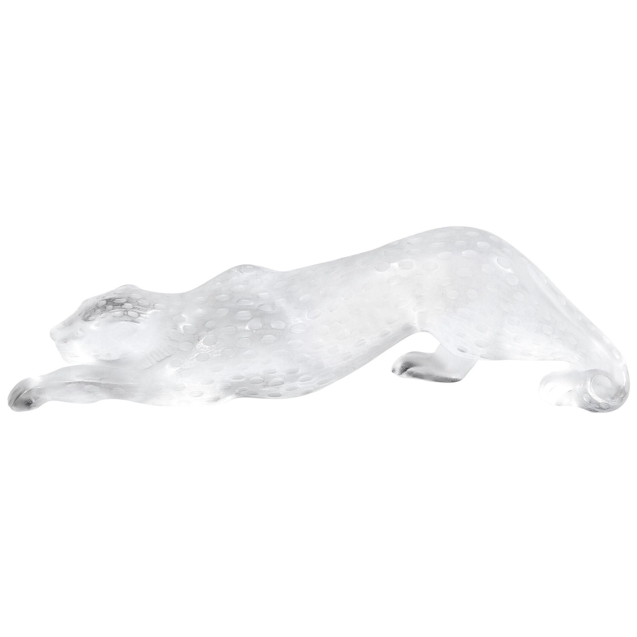 Modernist Spotted Stalking Leopard in Frosted Crystal Signed by Lalique
