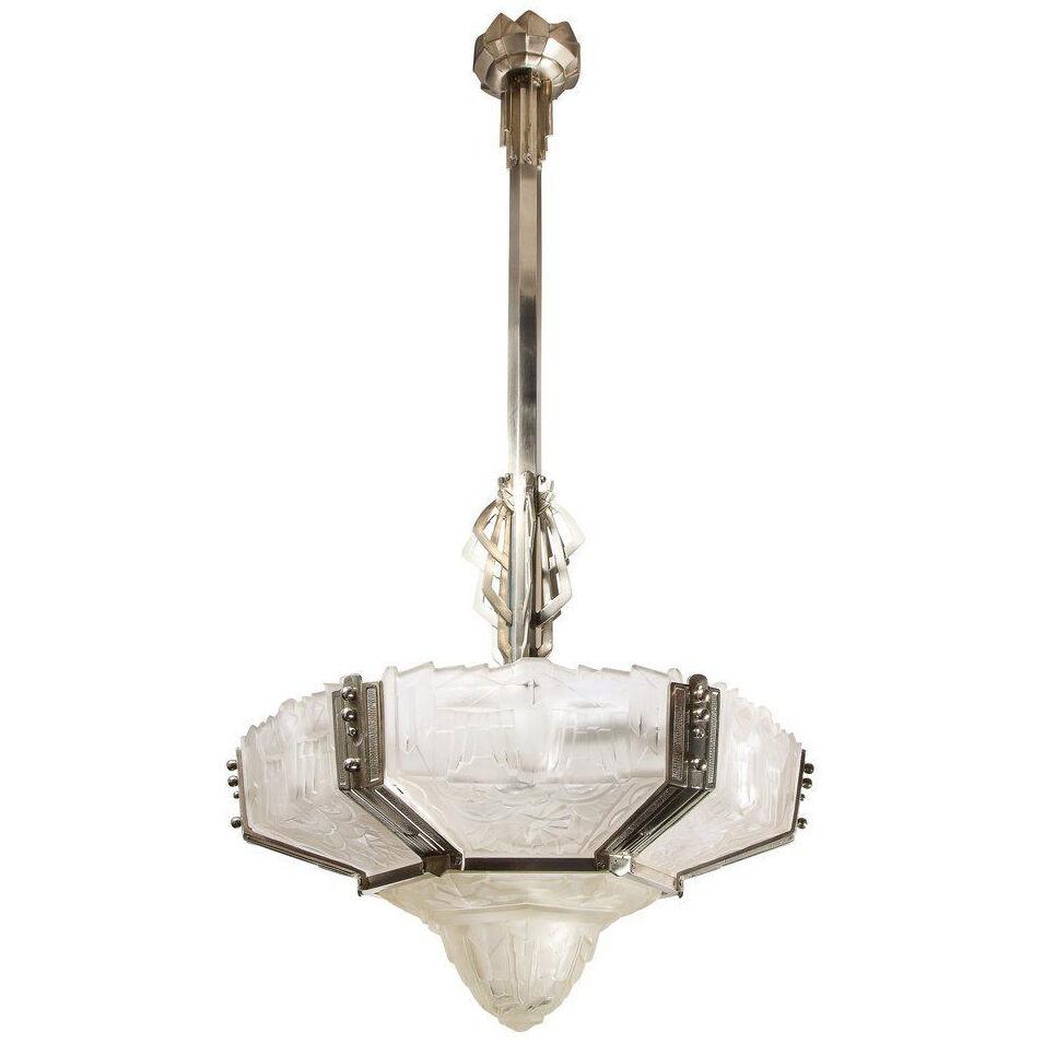 Art Deco Skyscraper Style Chandelier in Silvered Bronze & Frosted Glass by Hugue