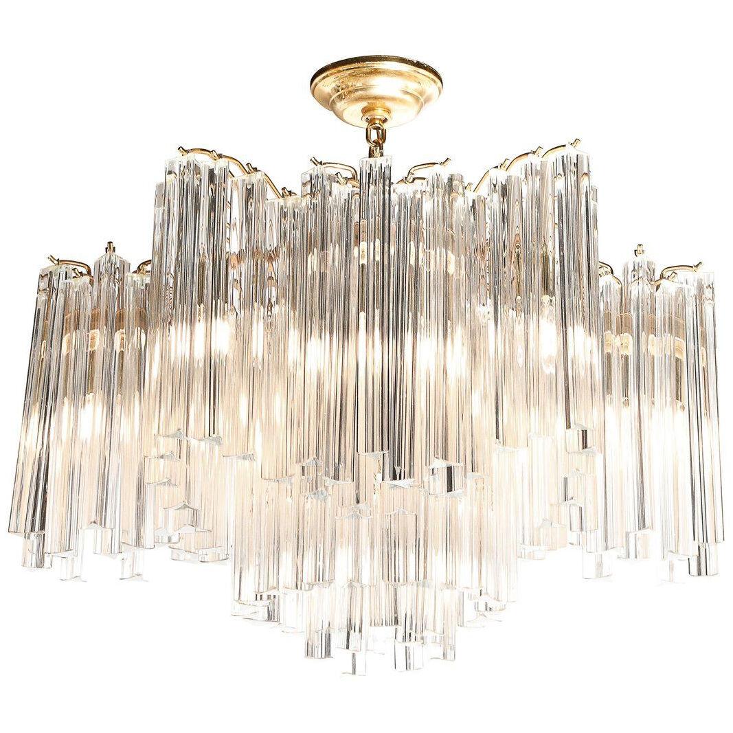 Mid-Century Modern Murano Glass Triedre Chandelier with Brass Fittings