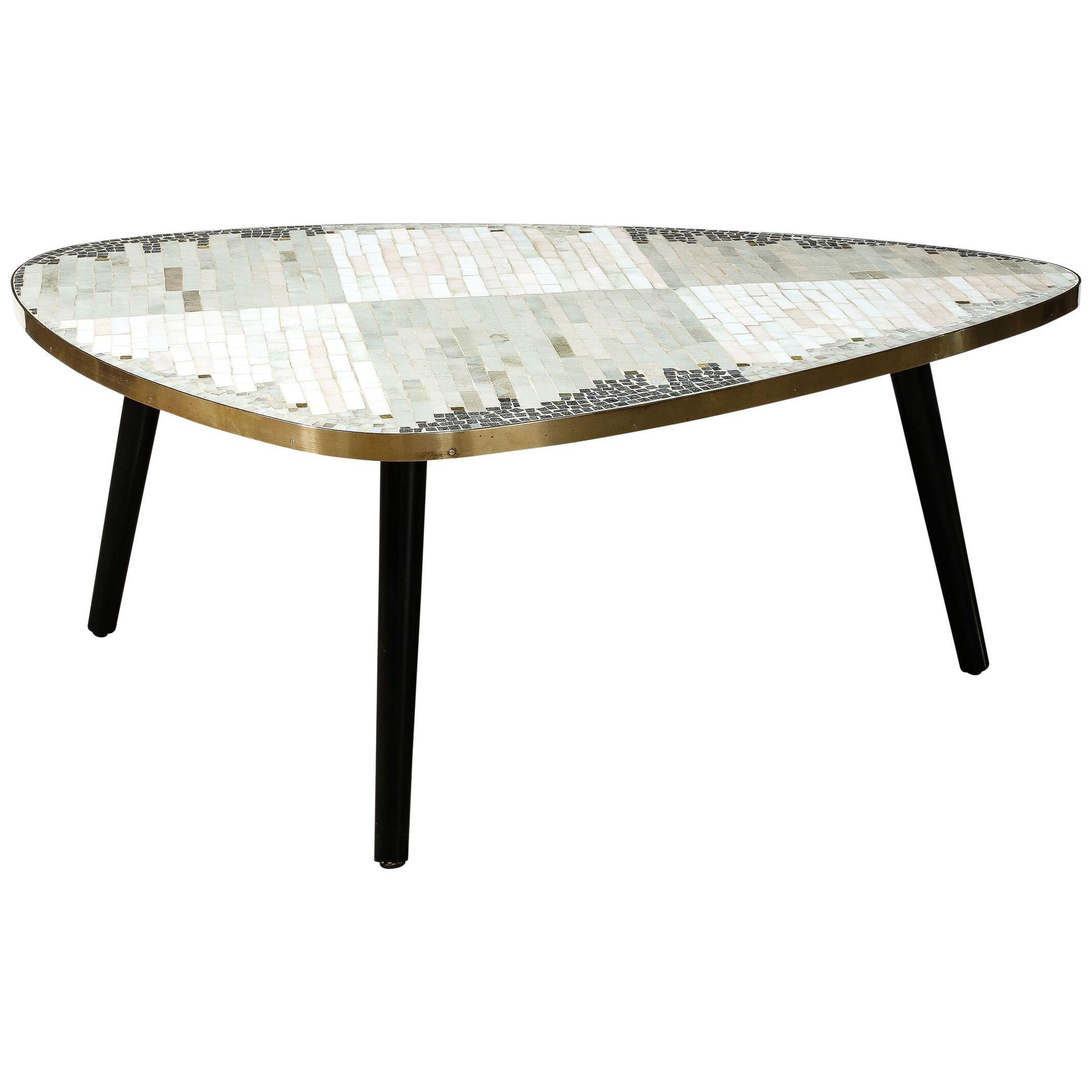 Mid-Century Modernist Mosaic Cocktail Table Wrapped in Brass with Ebonized Legs
